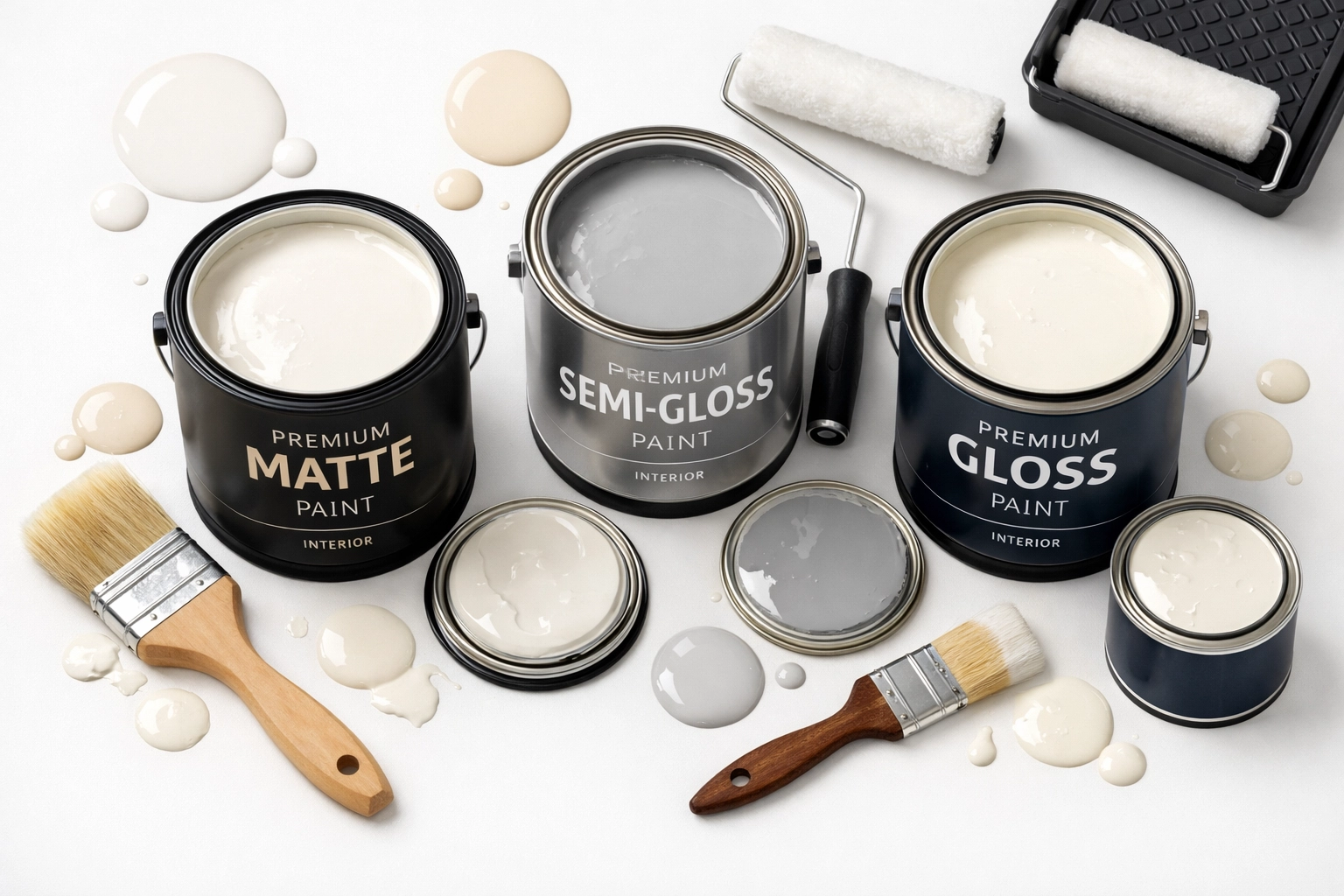 Selection of interior paint finishes including matte, semi-gloss and gloss with painting tools