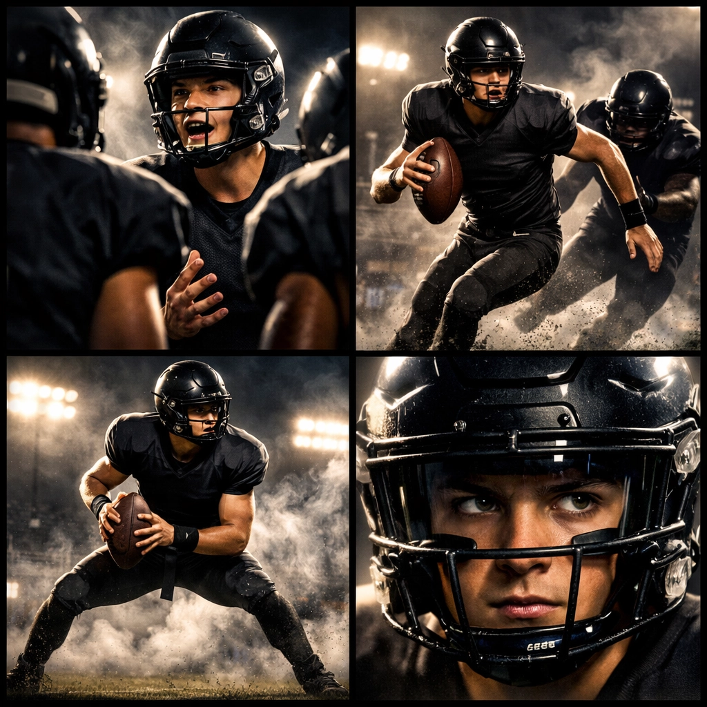 Youth quarterback demonstrating the L.E.A.D. philosophy pillars of leadership, athleticism, and decision making.