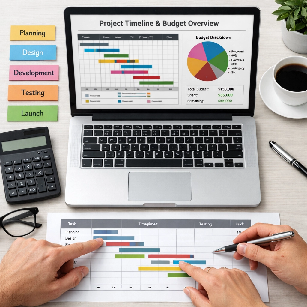 ServiceNow implementation project timeline and budget breakdown planning workspace