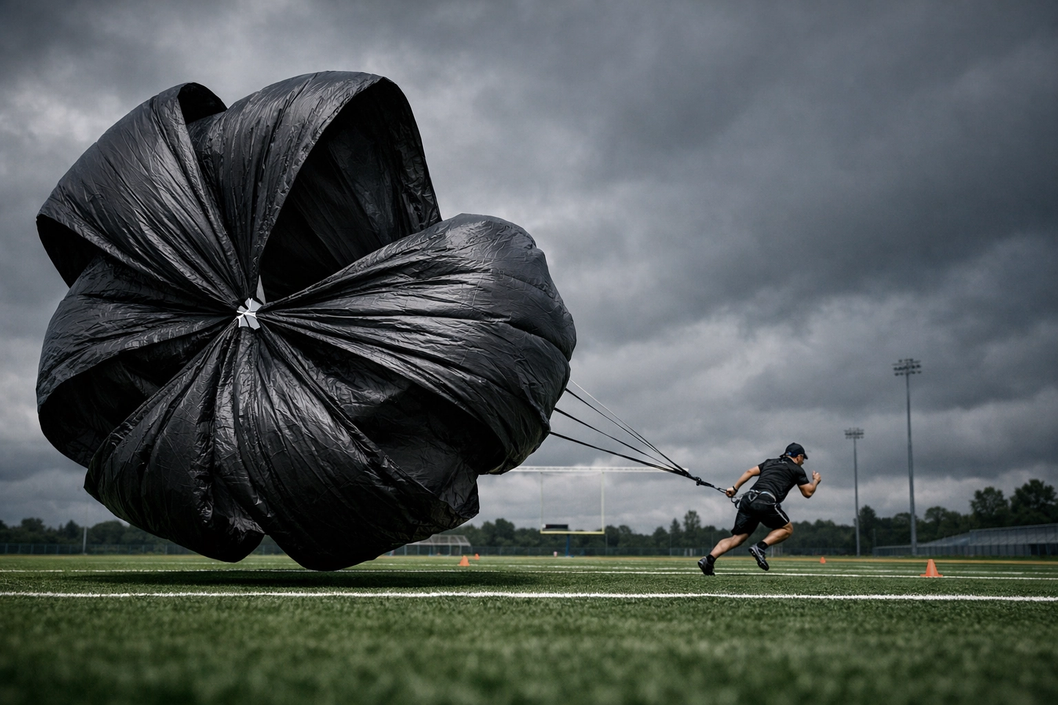 High-resistance speed chute deployed on a turf field for athlete acceleration and power training.