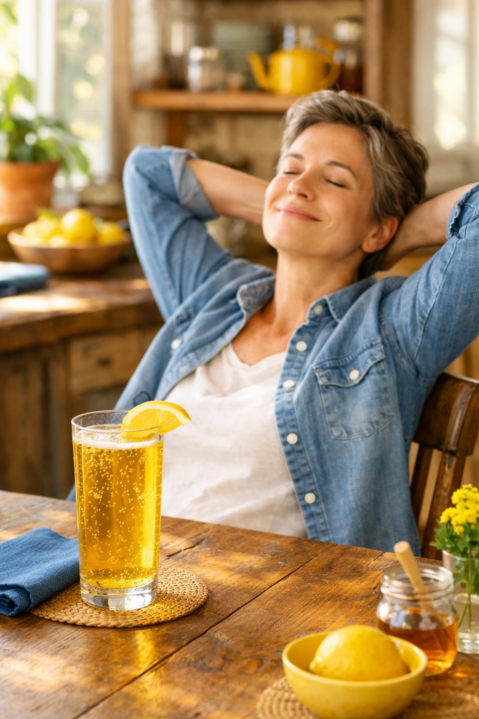Digestive relief for IBS symptoms with a glass of fermented kombucha tea in a bright, healthy home setting.