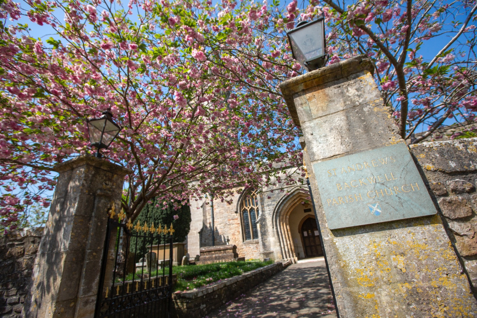 St. Andrew's Parish Church in Backwell Framed by blossoming pink cherry trees and historic stone gates, this church showcases the village's character and traditional architecture, making Backwell a desirable location for home buyers and renters.