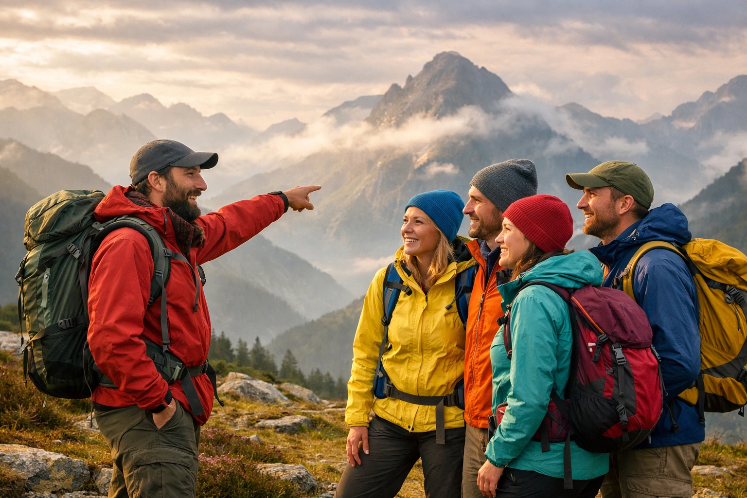 A group learning outdoor survival skills from an expert on a guided hiking tours UK trip.