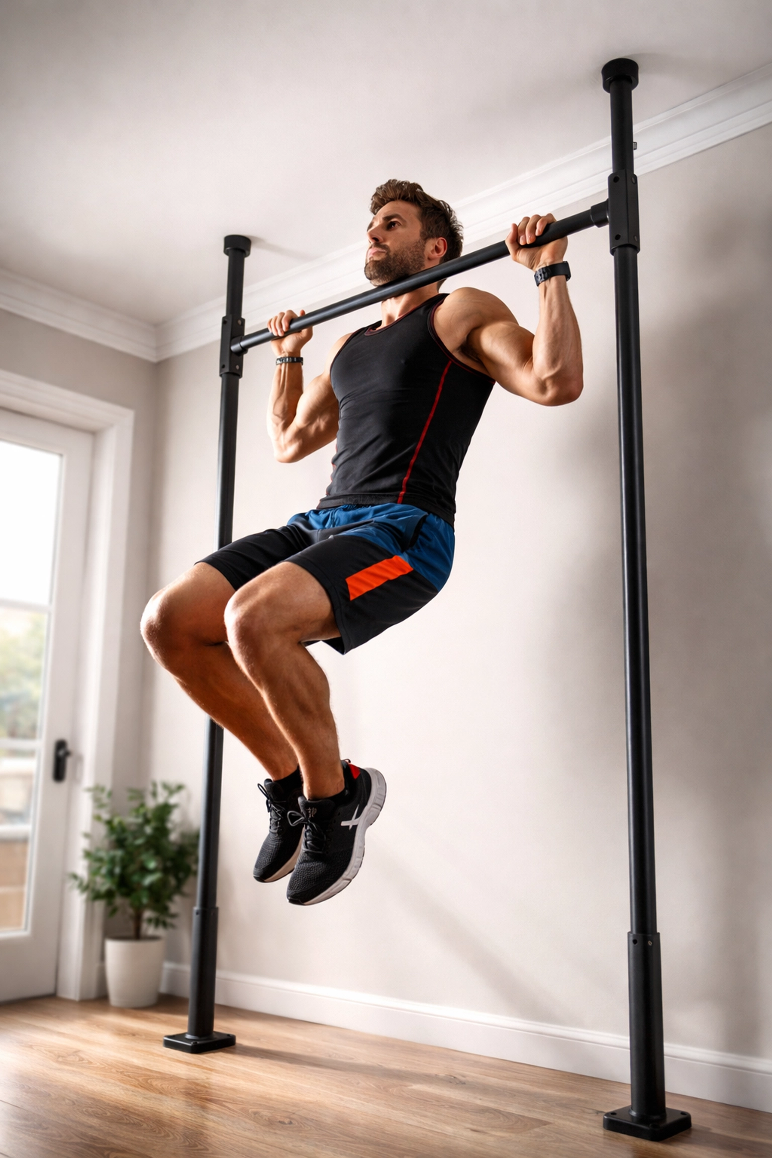 Athlete performing a pull-up on a floor-to-ceiling gym rail system in a bright home gym, highlighting no wall damage.