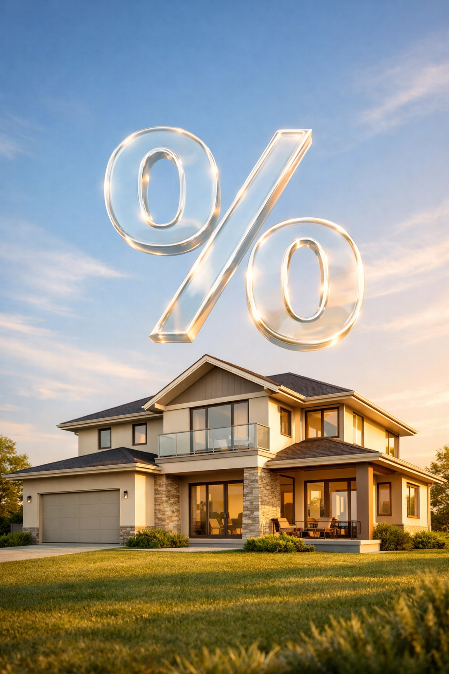 Modern home with percentage symbol representing 2026 mortgage rates averaging 6.3-6.4 percent