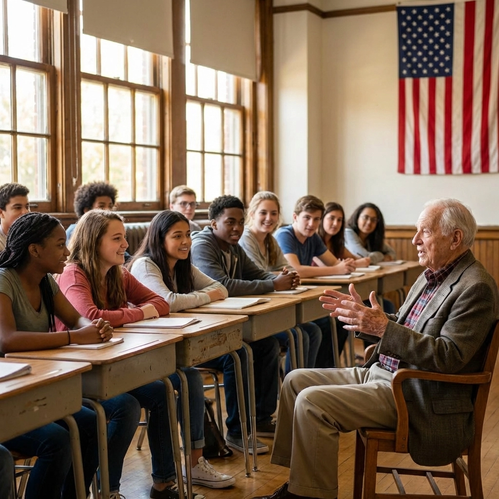 Diverse high school students listen to a veteran share his story, learning about the true meaning of service.