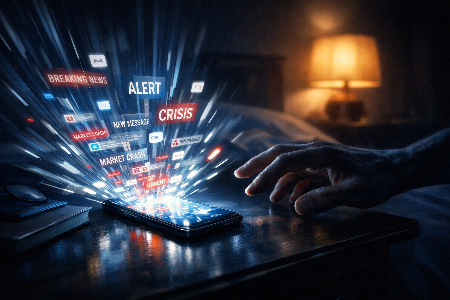 Smartphone glowing with news notifications at bedside table creating anxiety before sleep