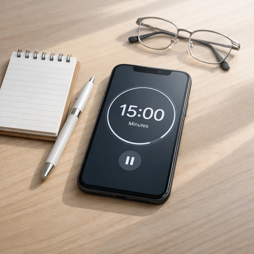 Smartphone with 15-minute timer and notepad for structured news consumption
