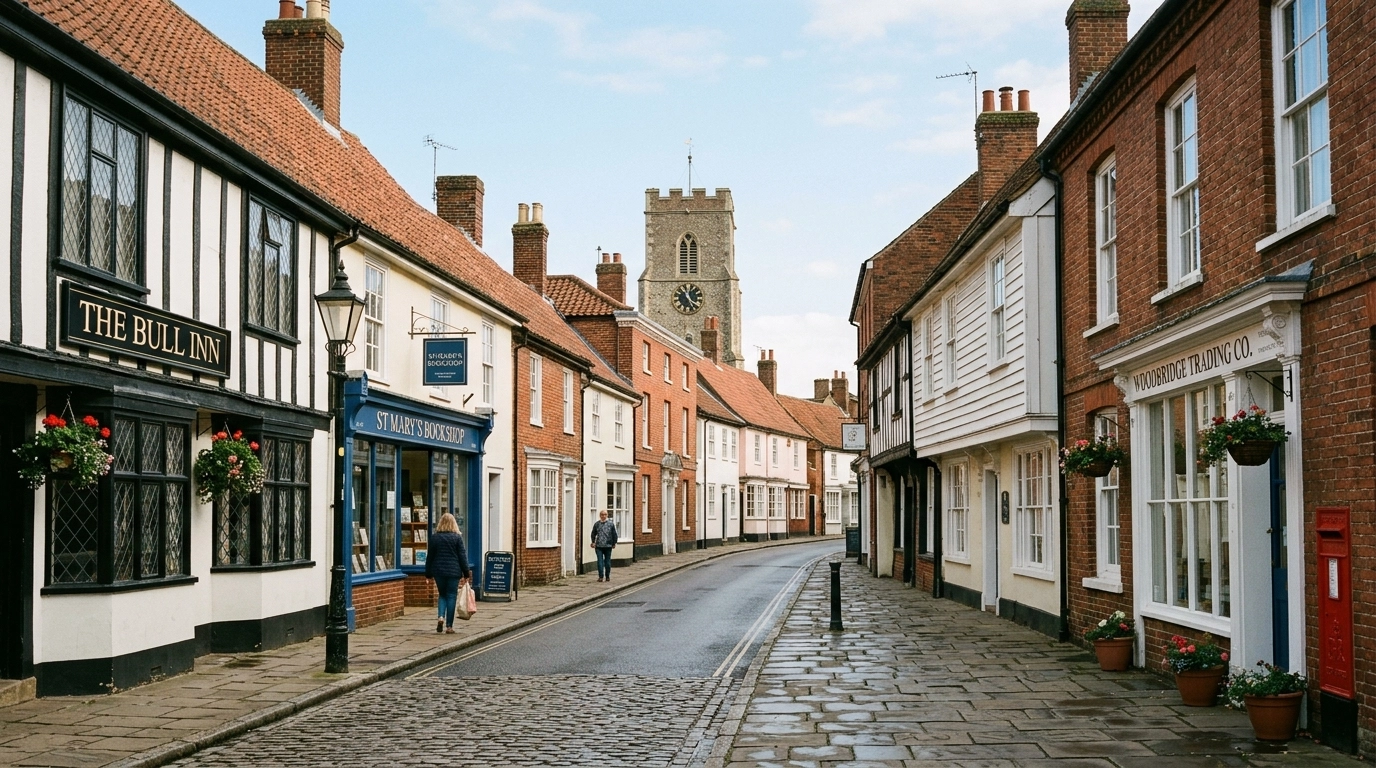 A scenic view of a traditional street in Woodbridge, Suffolk.
