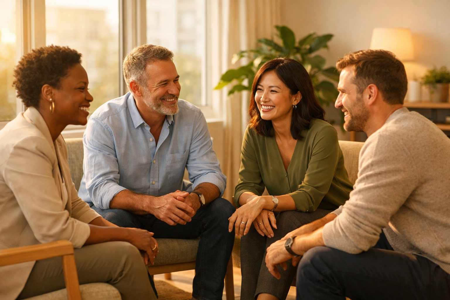 Diverse leadership team engaged in authentic face-to-face conversation in bright office space