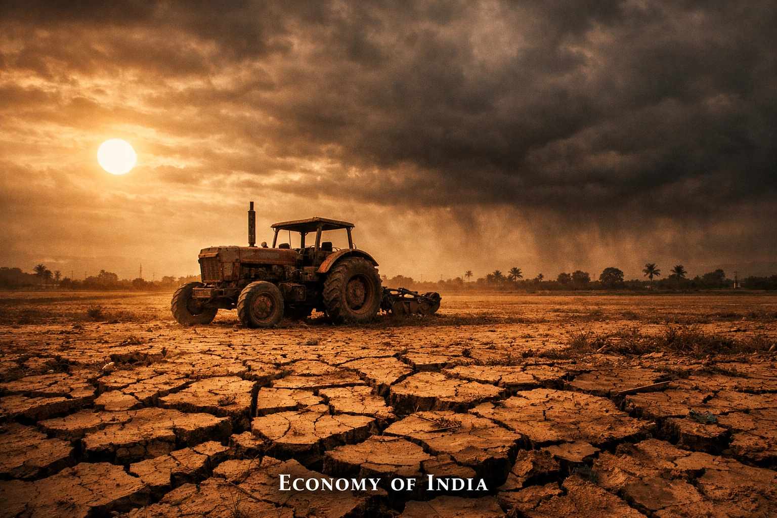 Cracked farmland and a stalled tractor illustrating how a weak monsoon hurts the rural Economy of India.