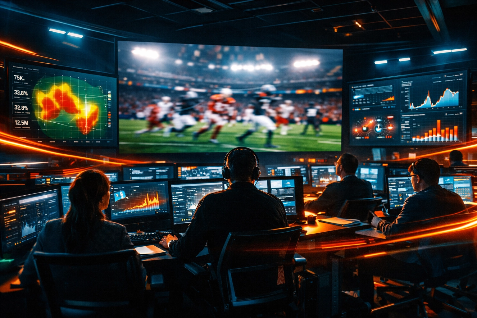 High-tech digital command center tracking real-time Super Bowl marketing campaign data