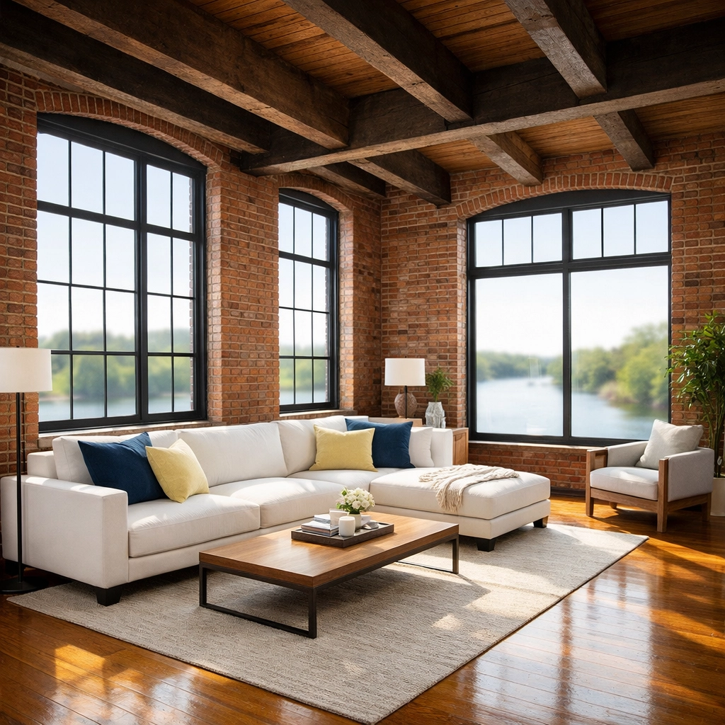 A spotless living room in a Lowell mill loft with red brick walls after a professional house cleaning Lowell MA.