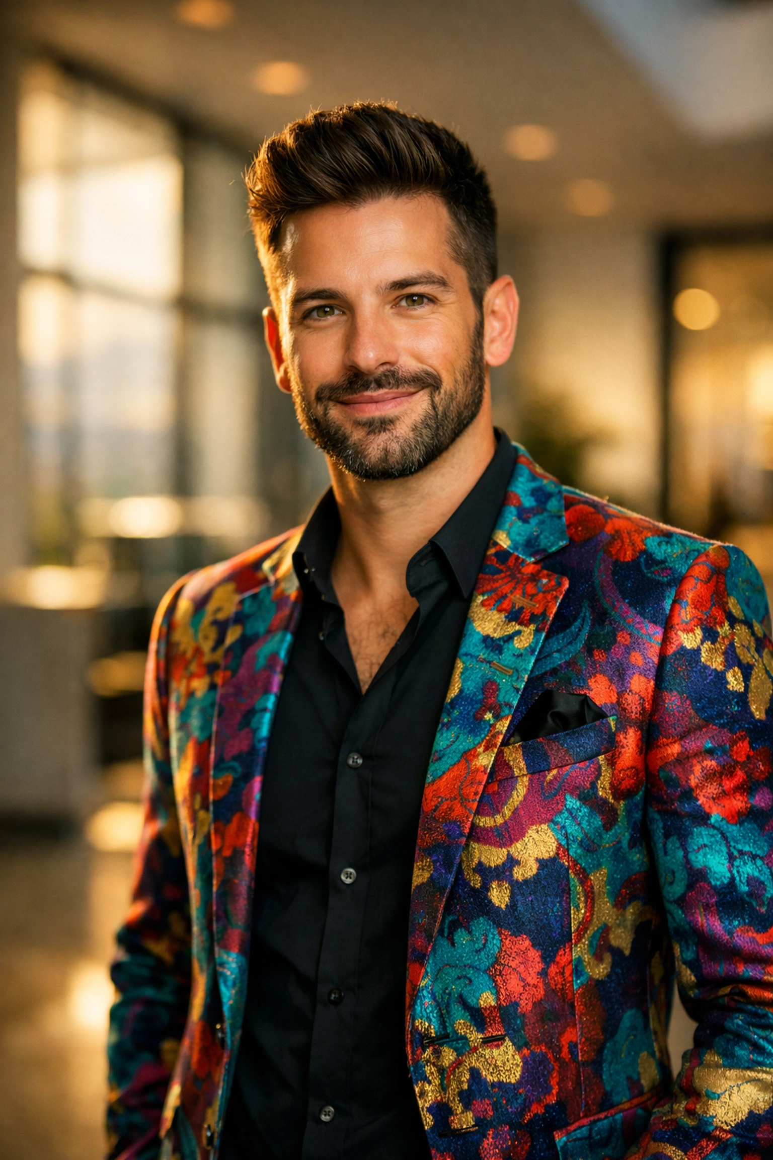 A confident gay professional in a vibrant blazer standing in a modern office, embodying authentic queer leadership.