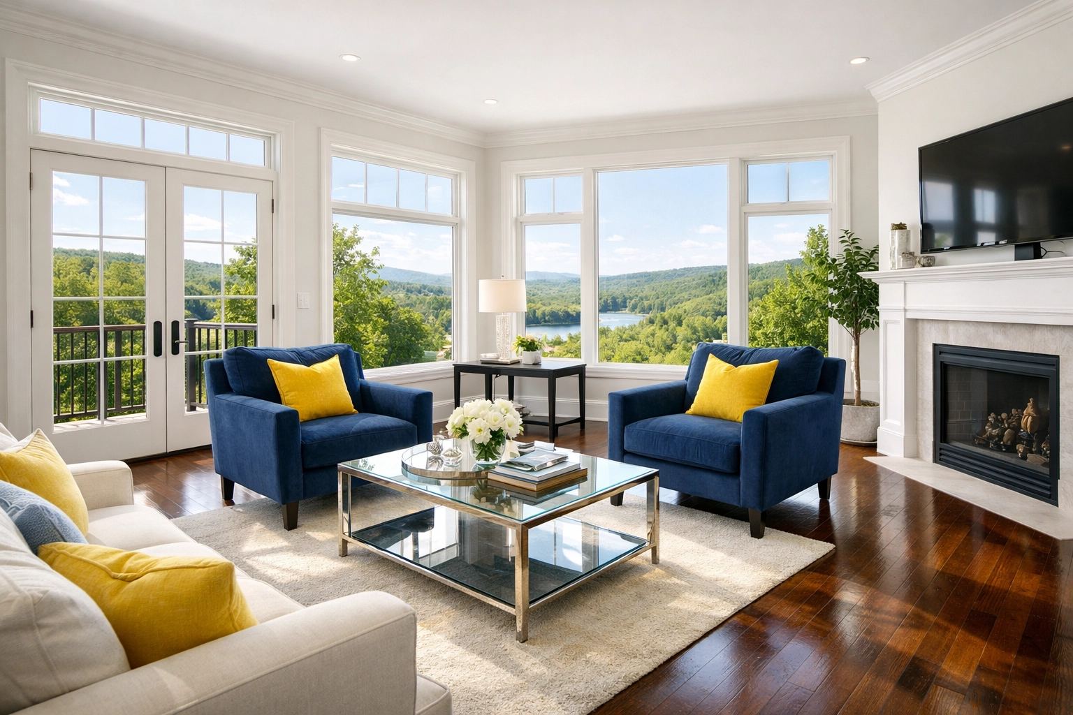 A spotless modern living room with hardwood floors after a professional House Cleaning Ashburnham MA service.