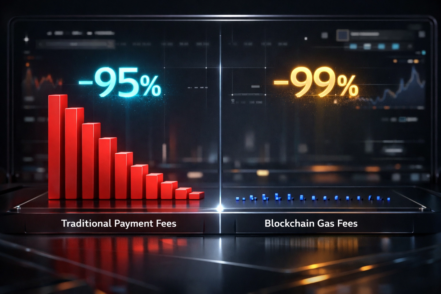 Payment fee comparison chart showing traditional merchant fees reduced to minimal blockchain gas fees