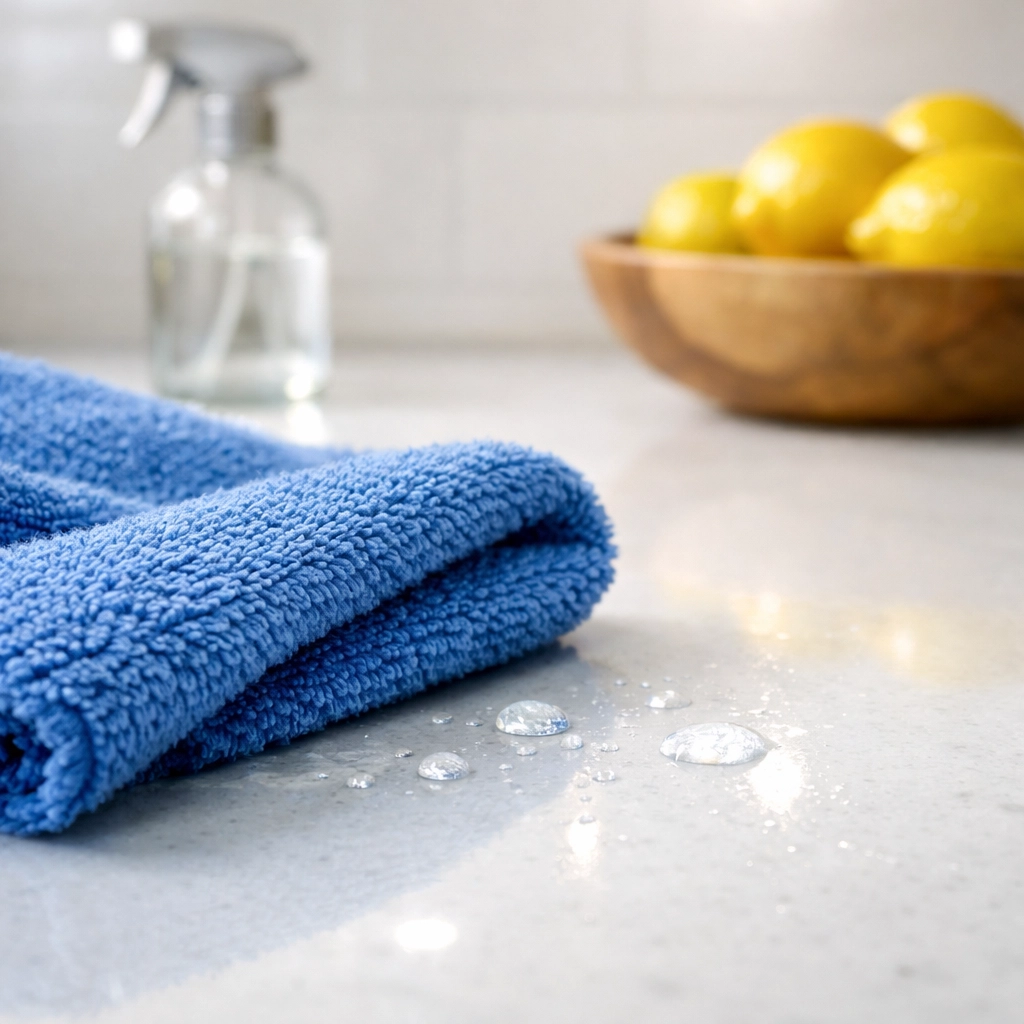 Blue microfiber cloth wiping a quartz countertop to trap fine dust during a deep home clean.