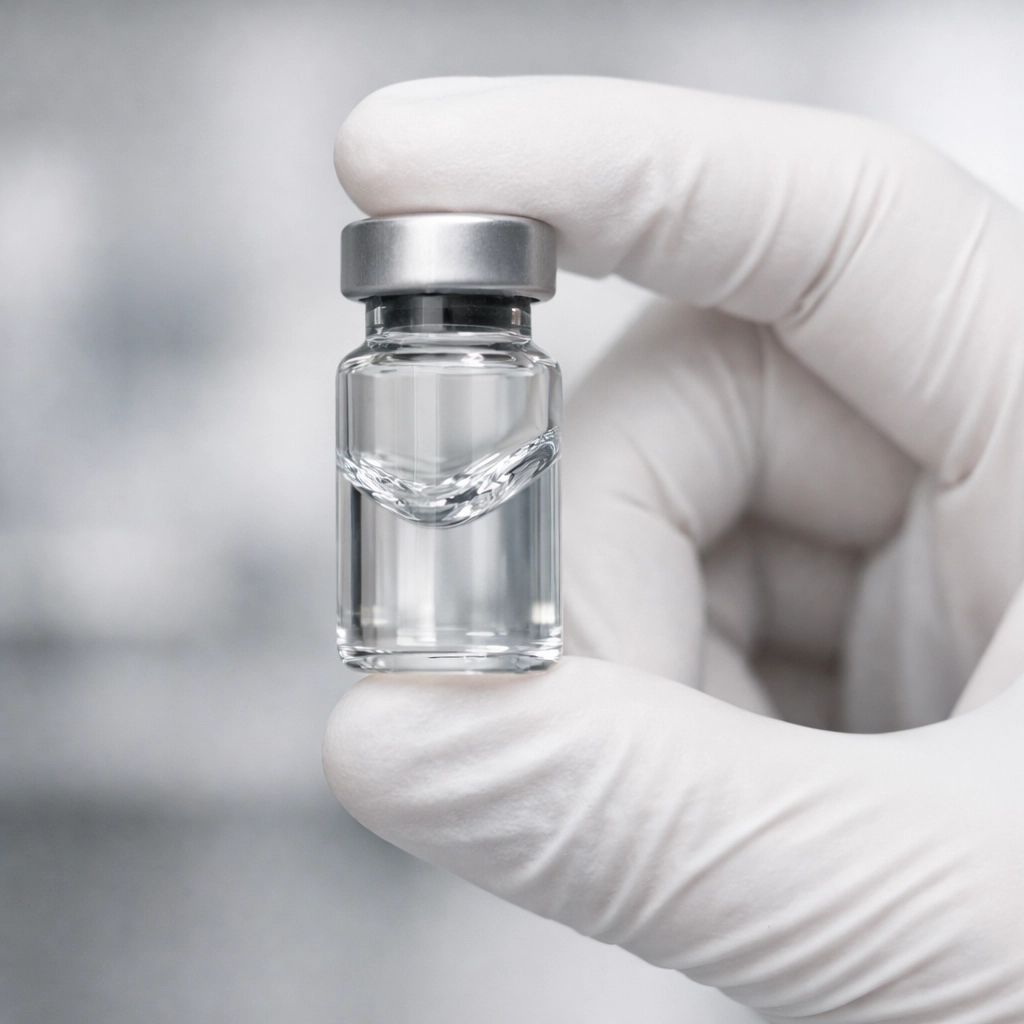 Gloved hand gently swirling a reconstituted peptide vial to ensure the solution is properly mixed and clear.