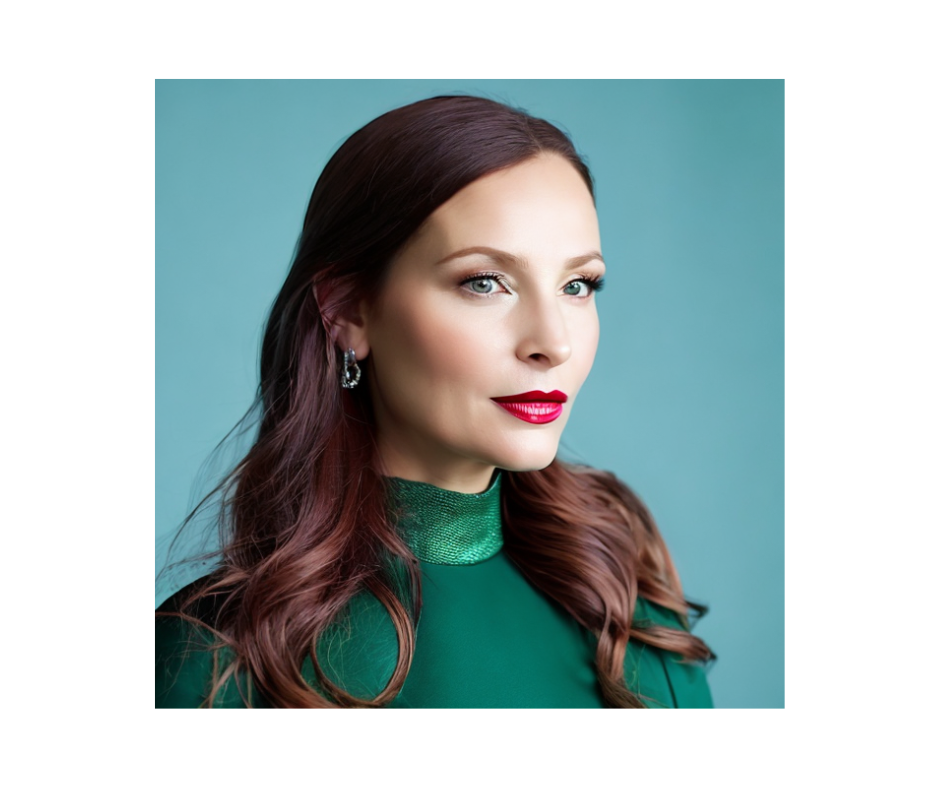 A confident woman with wavy brown hair