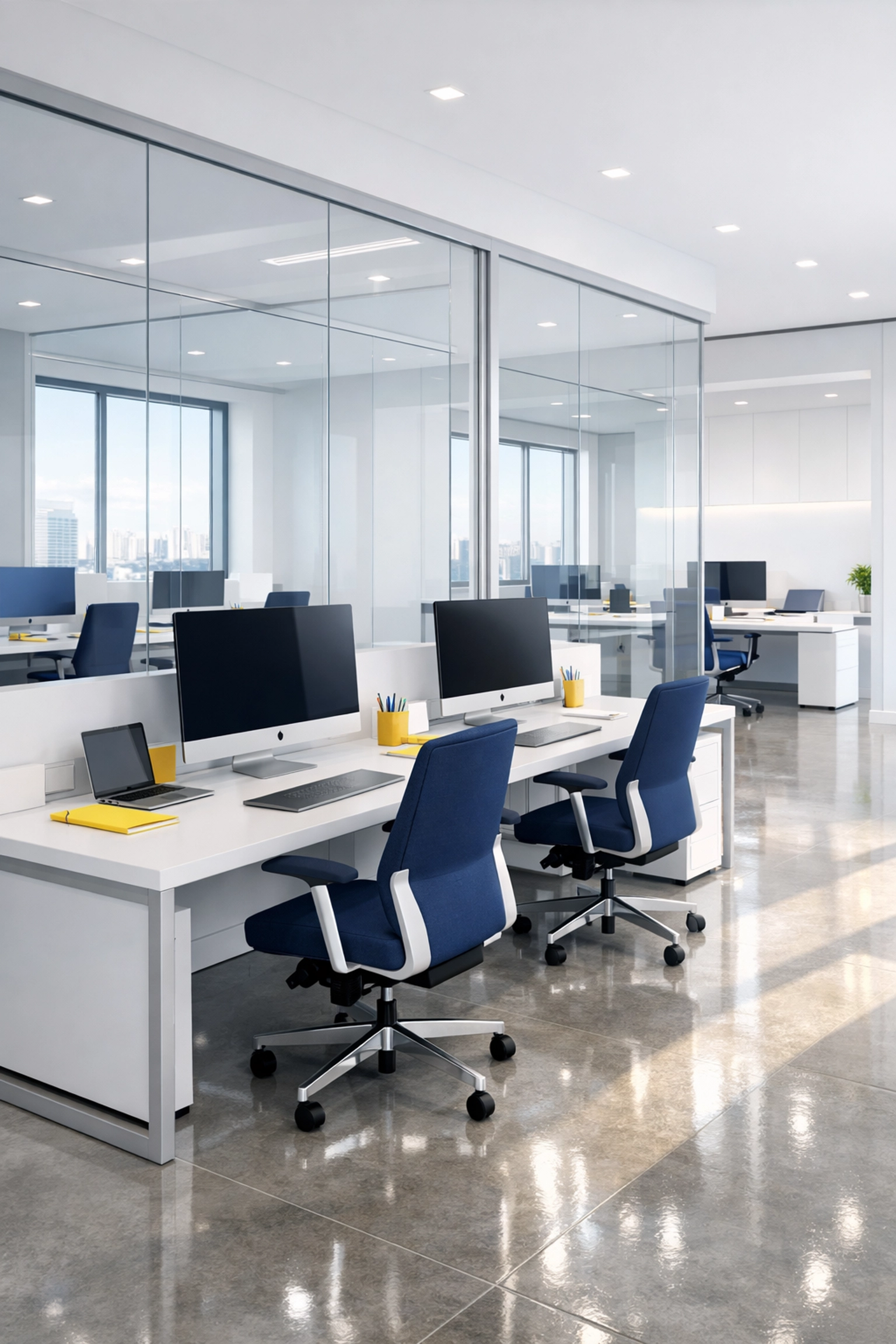 Streak-free floors in a modern Massachusetts office suite after professional commercial cleaning.