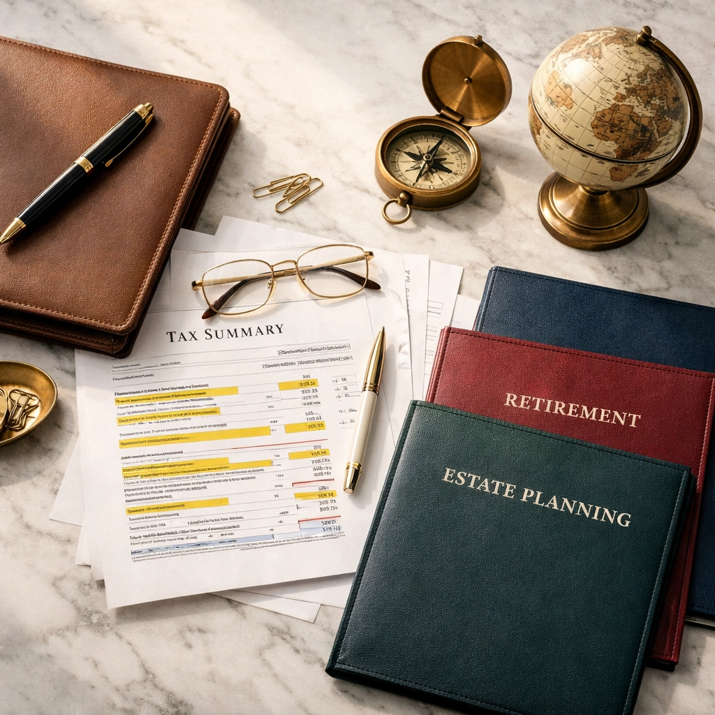 Organized wealth planning workspace with tax documents and investment portfolios