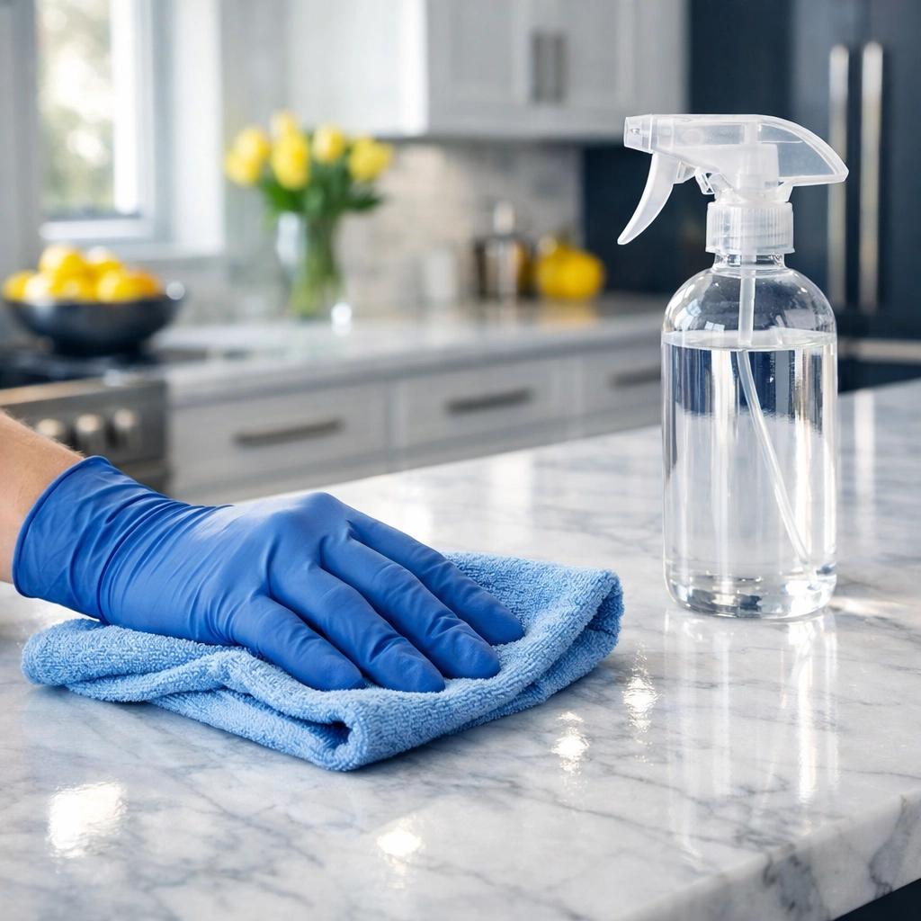 Professional post-construction cleaning MA team wiping luxury marble kitchen countertops.