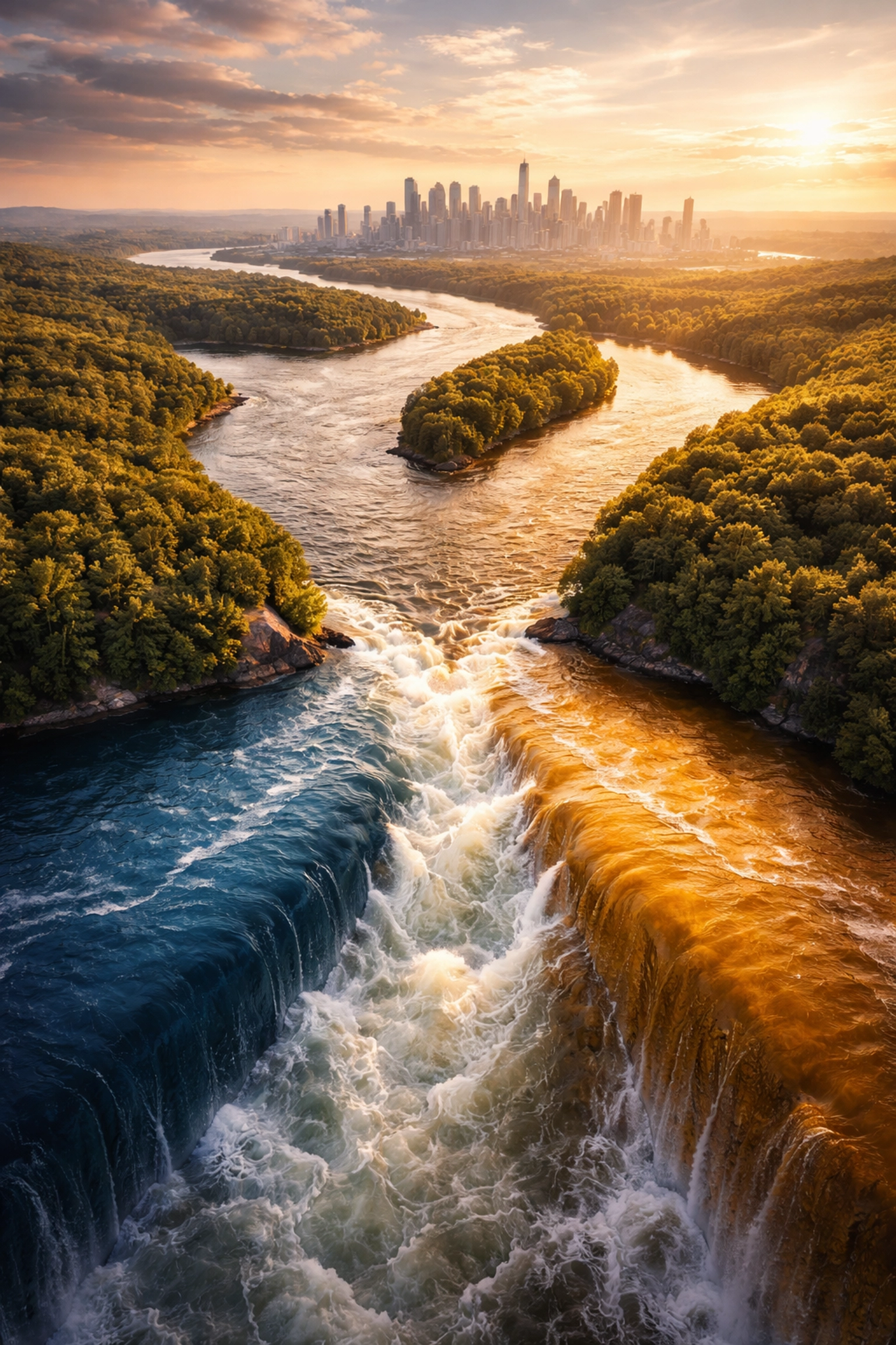 Aerial view of three rivers merging illustrates equities, fixed income, and alternatives uniting in a 40/30/30 investment strategy.