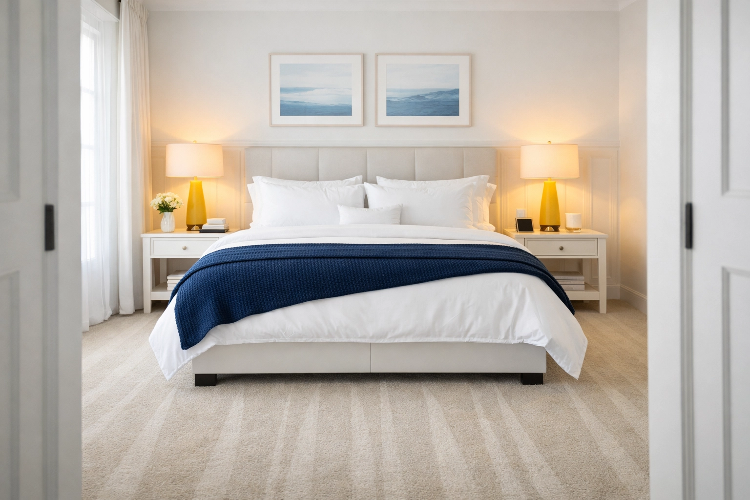 Spotless master bedroom showing professional residential cleaning Massachusetts with fresh vacuum lines and tidy decor.