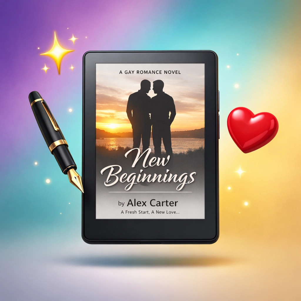 Digital e-reader featuring a new MM romance book release on a vibrant pride-themed background.