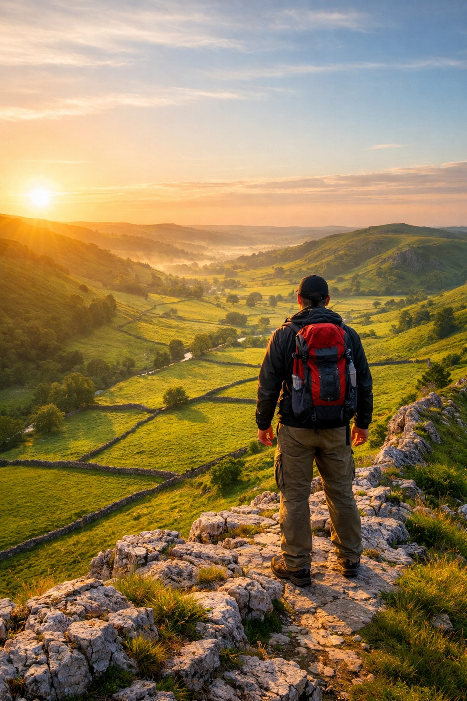 Hiker on a Peak District ridge enjoying a sunrise view during a guided hiking tour in the UK.