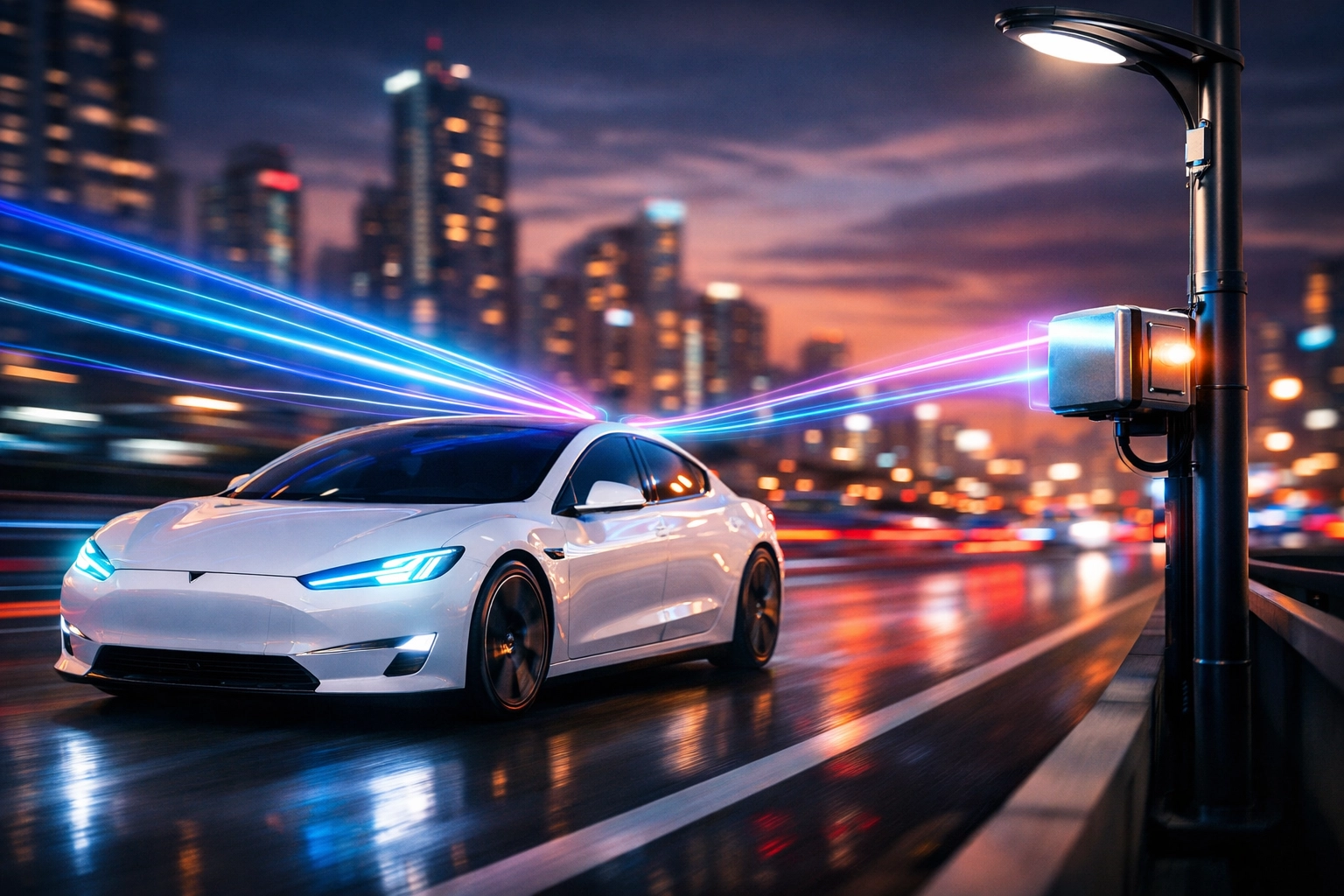 Autonomous electric car communicating with an edge computing node on a city street for real-time safety.