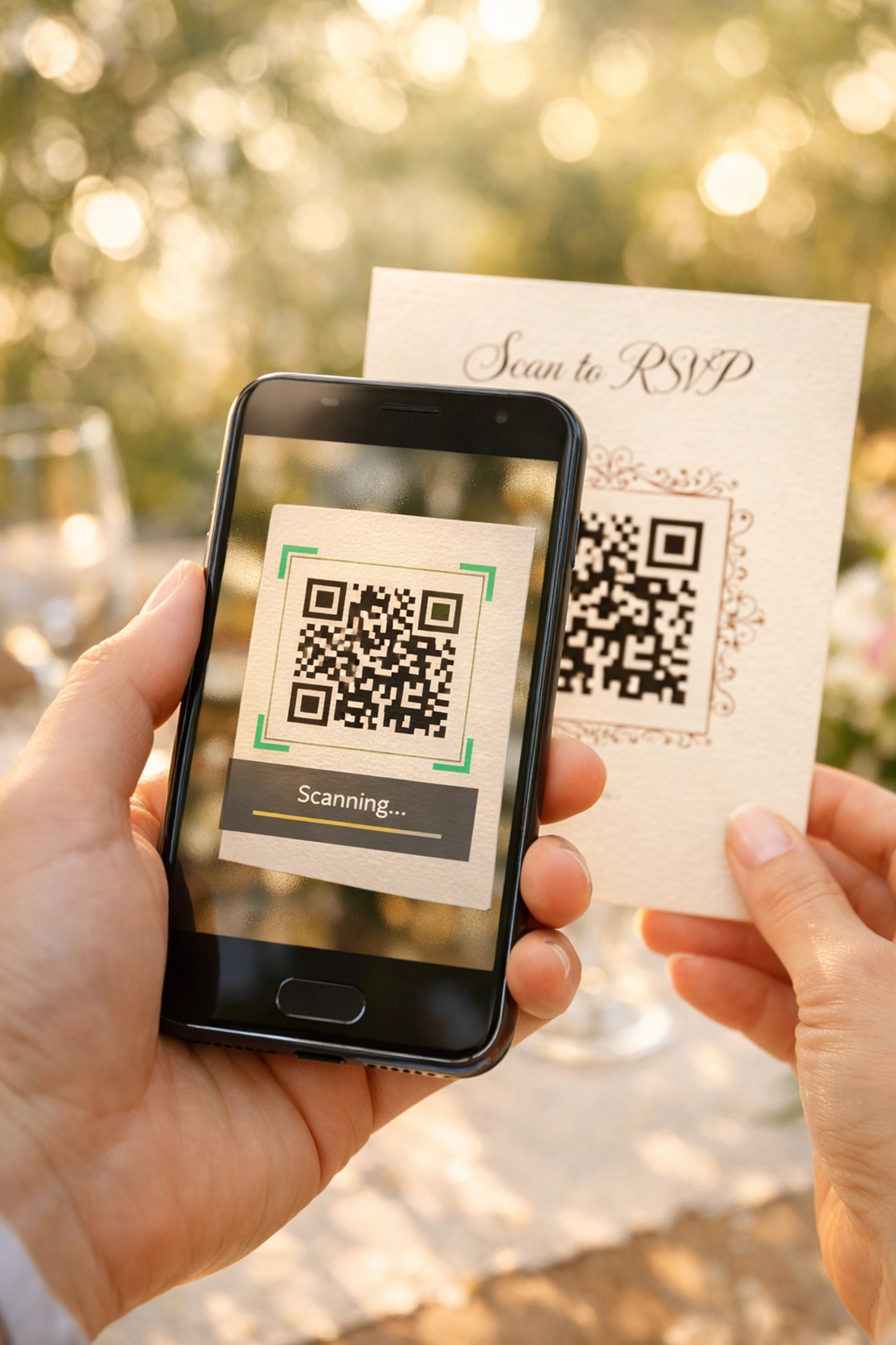 Wedding guest scanning a QR code invitation to access digital RSVP and cash registry options.