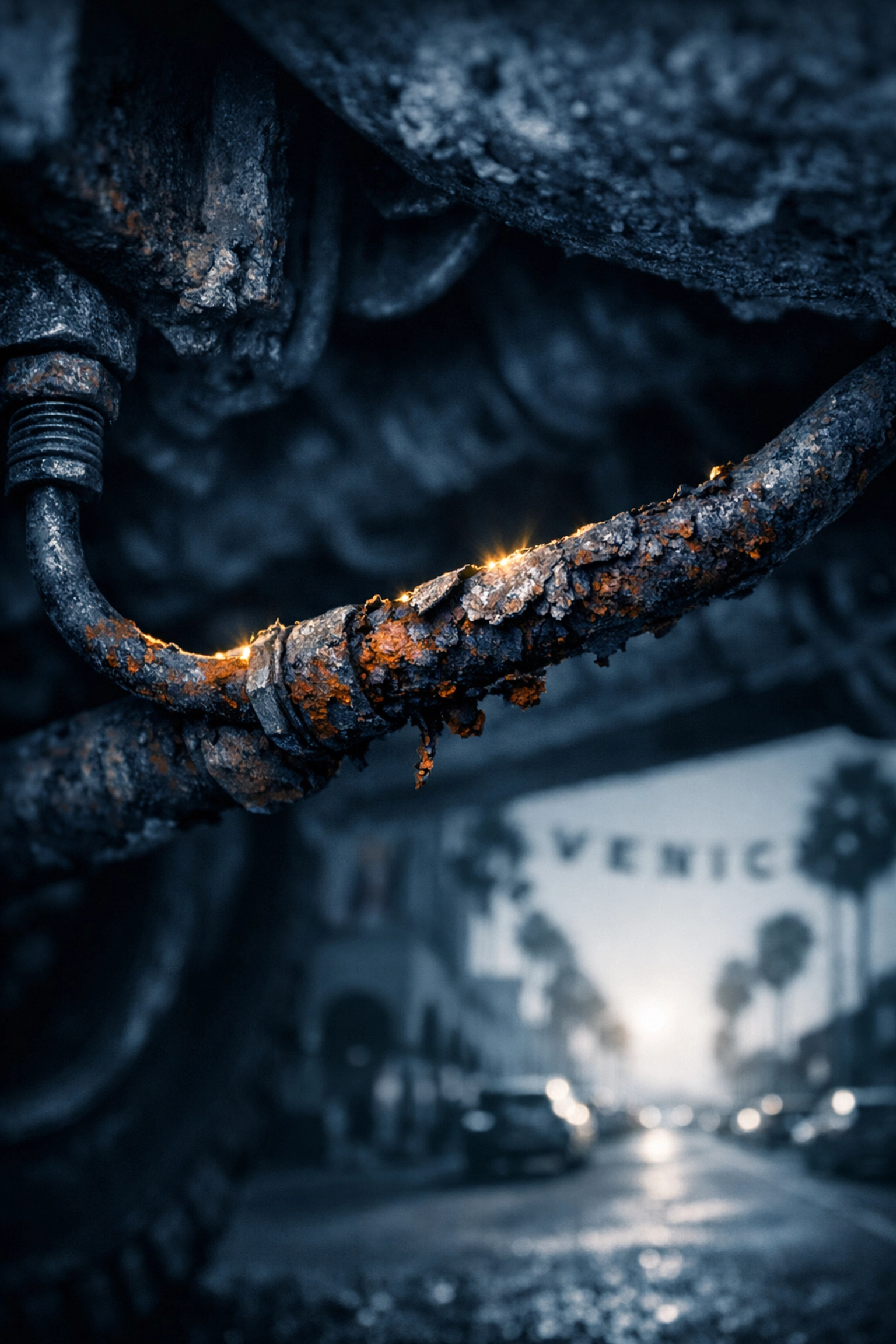 Close-up of a rusted and corroded metal brake line caused by coastal salt air in Venice Florida.