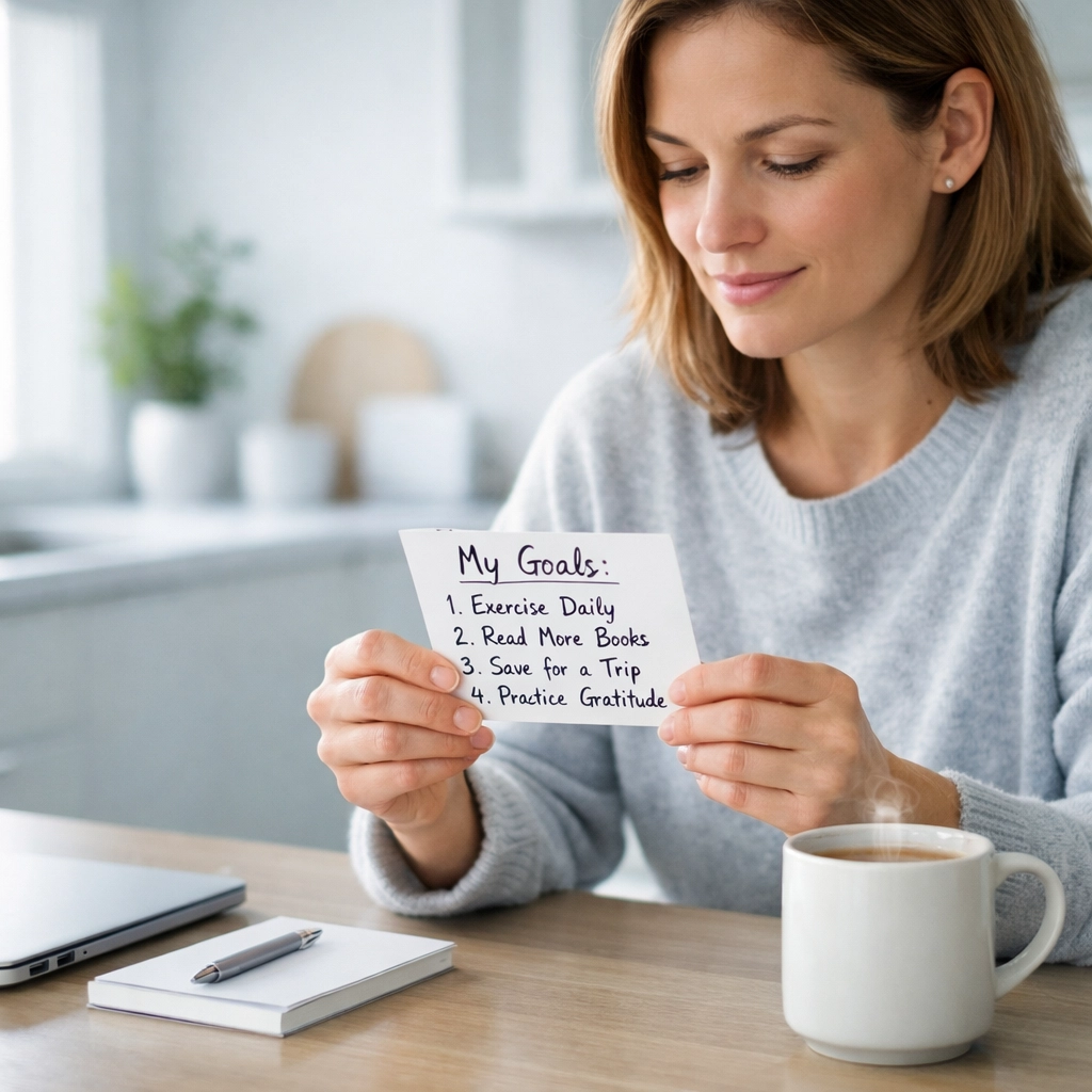 A professional reviewing written goal cards during a morning routine to program the subconscious mind.