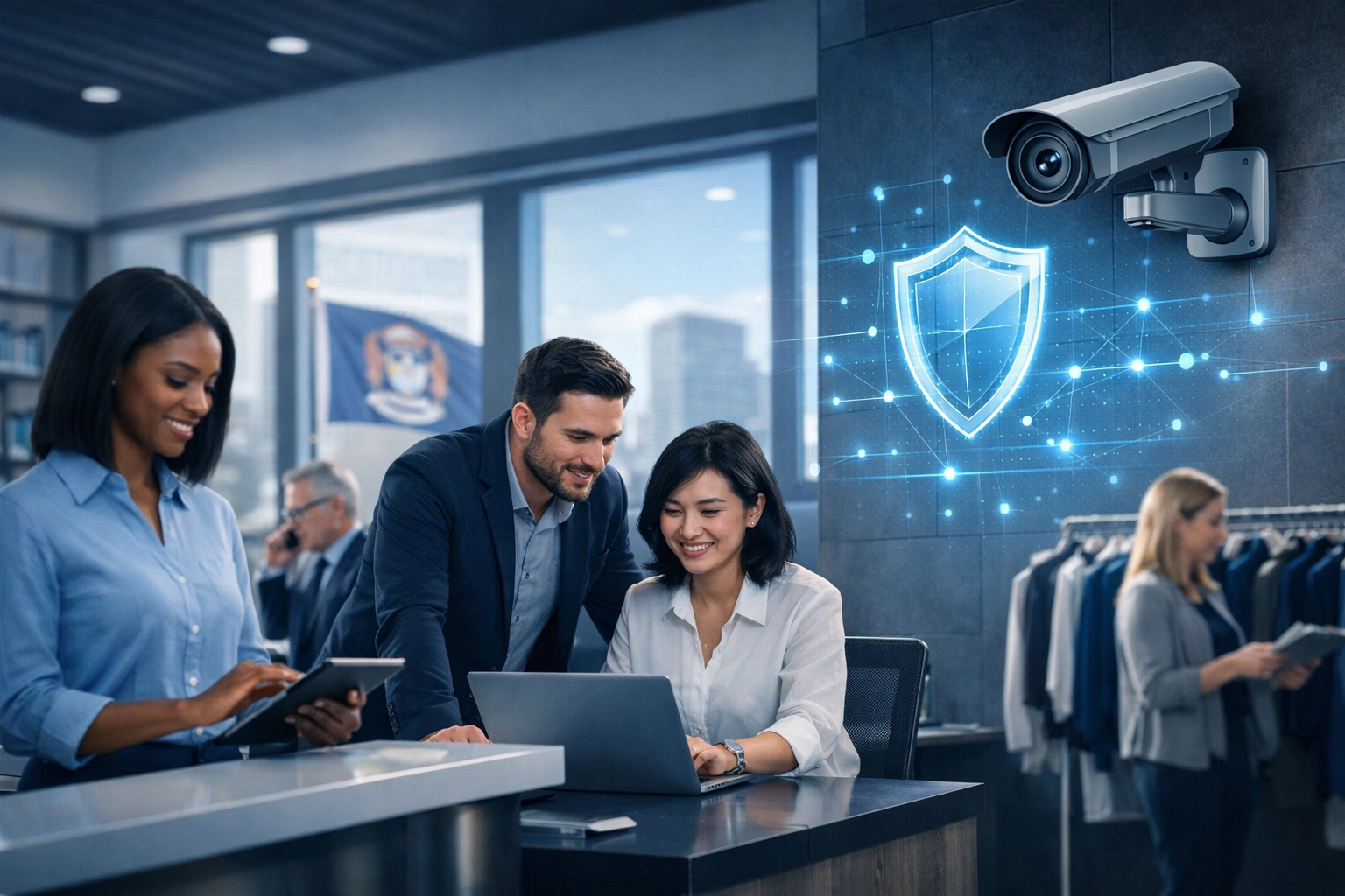 Michigan business employees working safely in a retail space with advanced security cameras and 911 Camera Share.