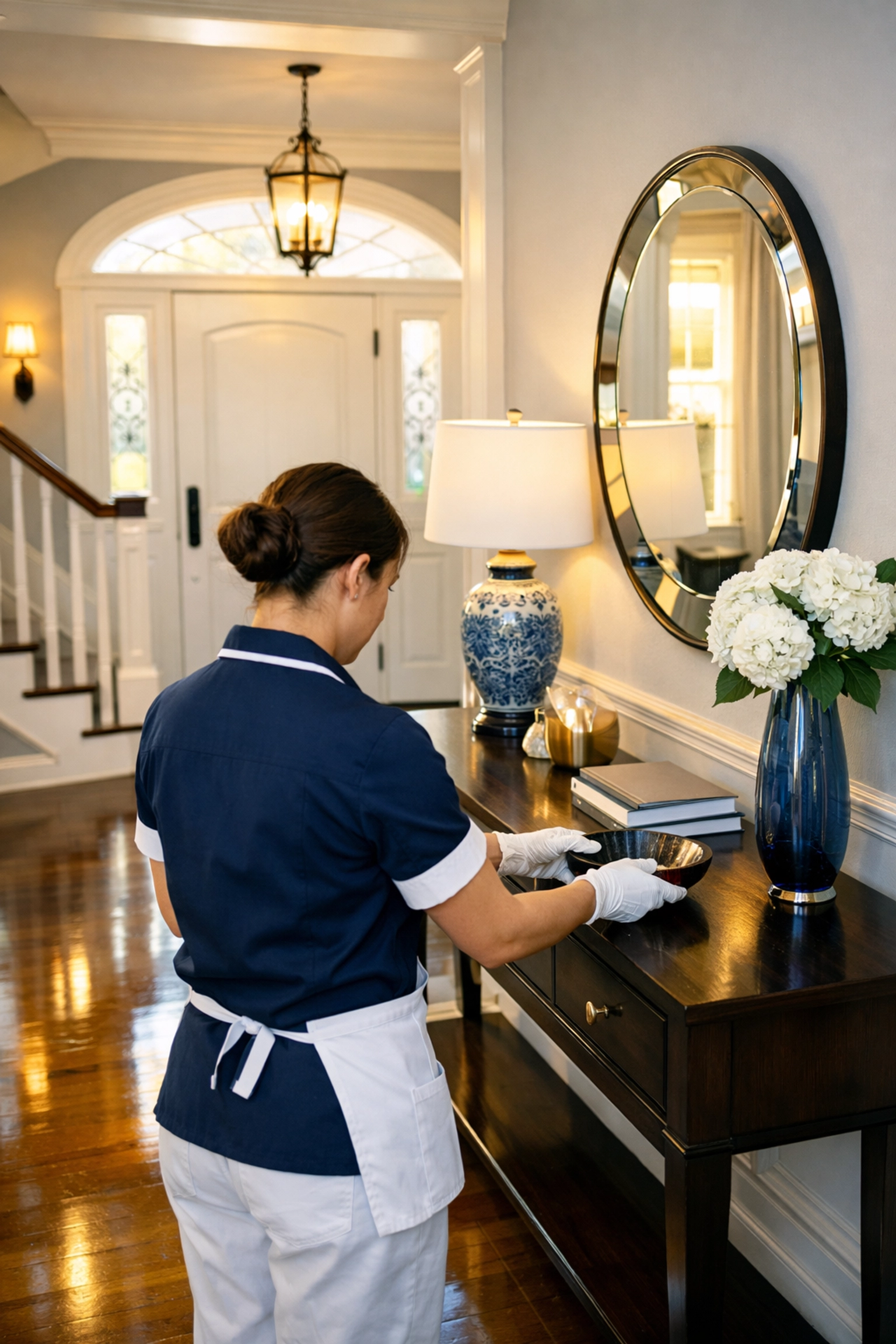 Trusted cleaner in uniform carefully organizing a residential entryway in a Worcester home.