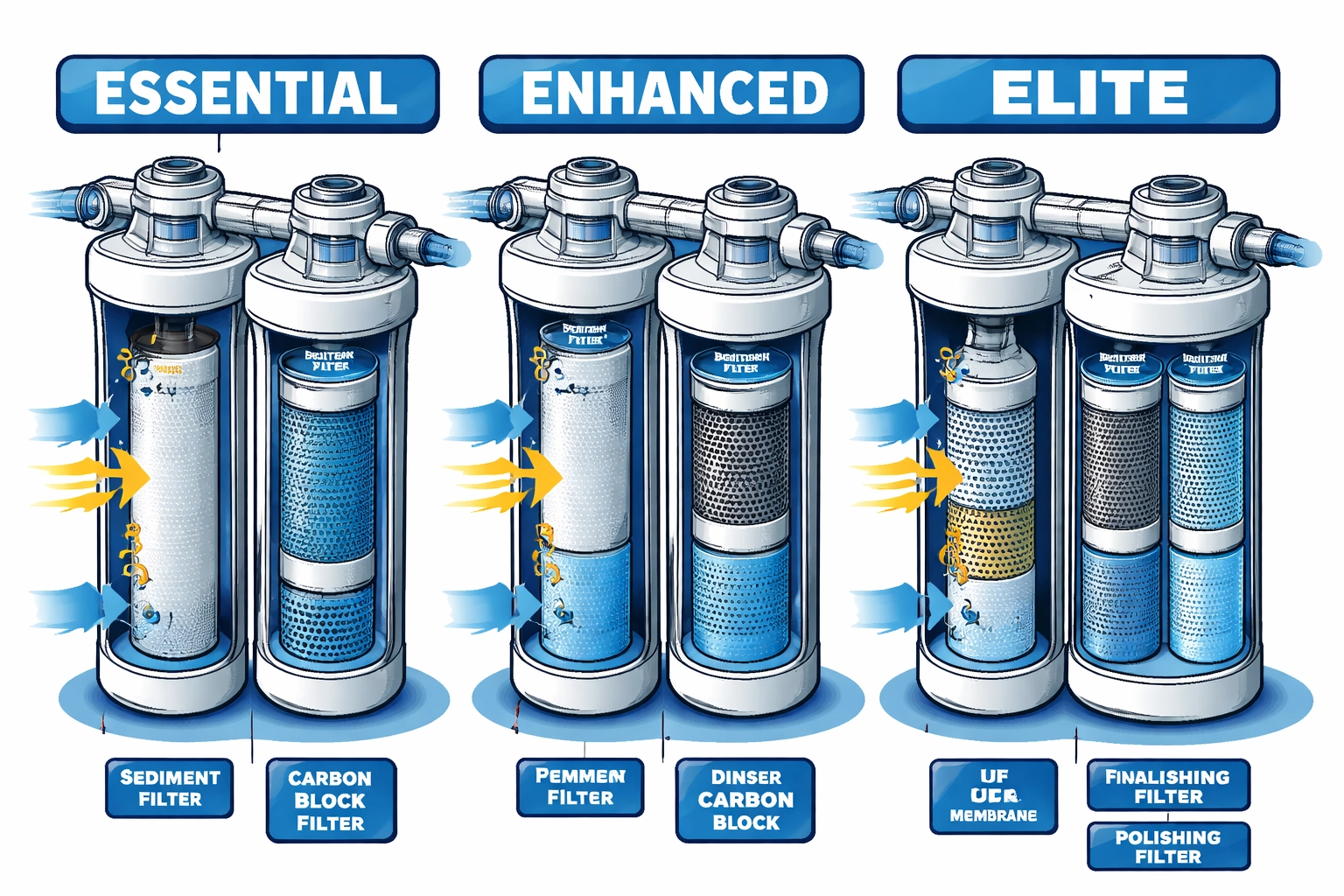 Side-by-side comparison of Essential, Enhanced, and Elite RV water filter systems with cartridge cutaways