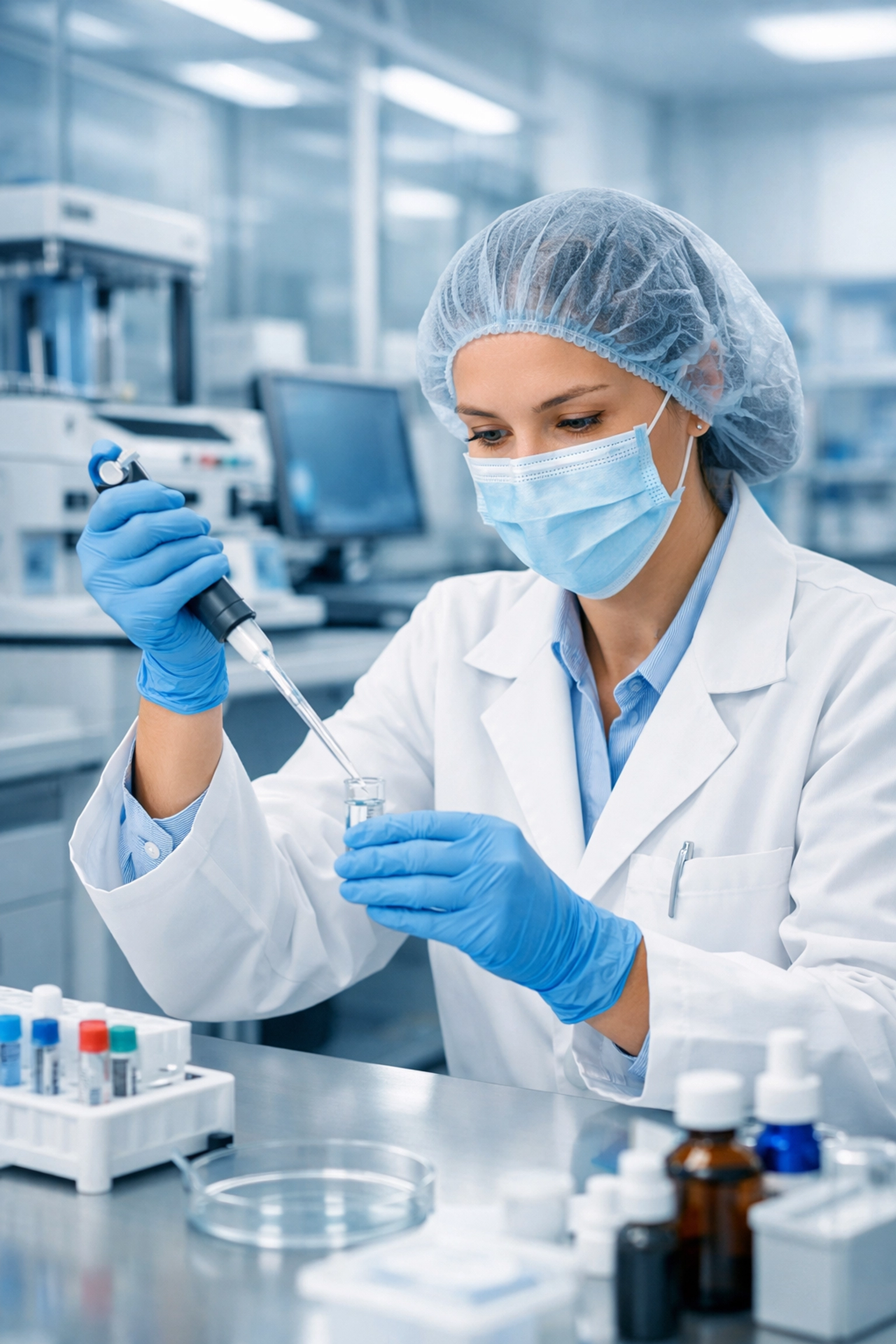 Expert pharmacist in a sterile laboratory setting following high-quality medication safety standards.