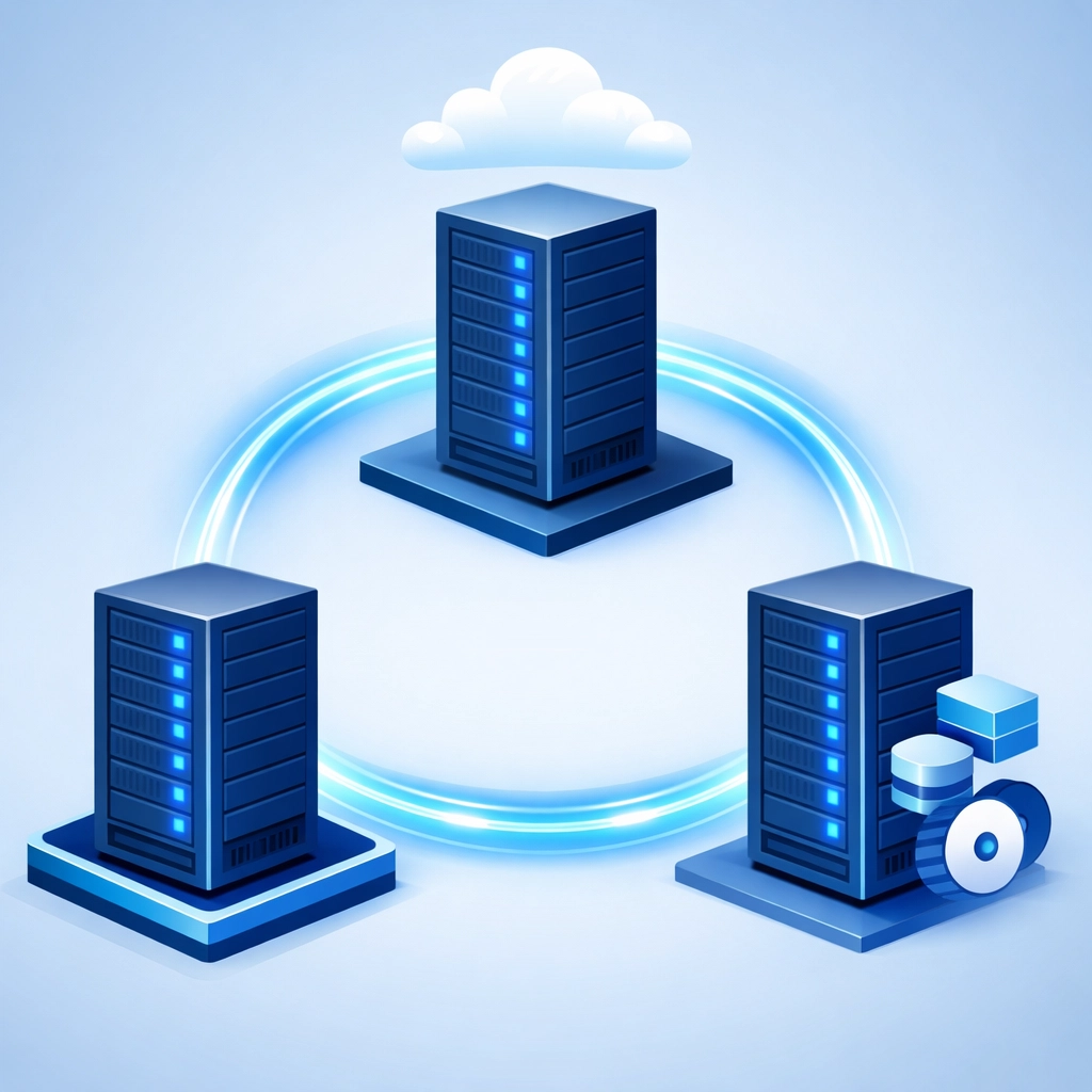 Data backup system showing multiple servers connected for business continuity and redundancy