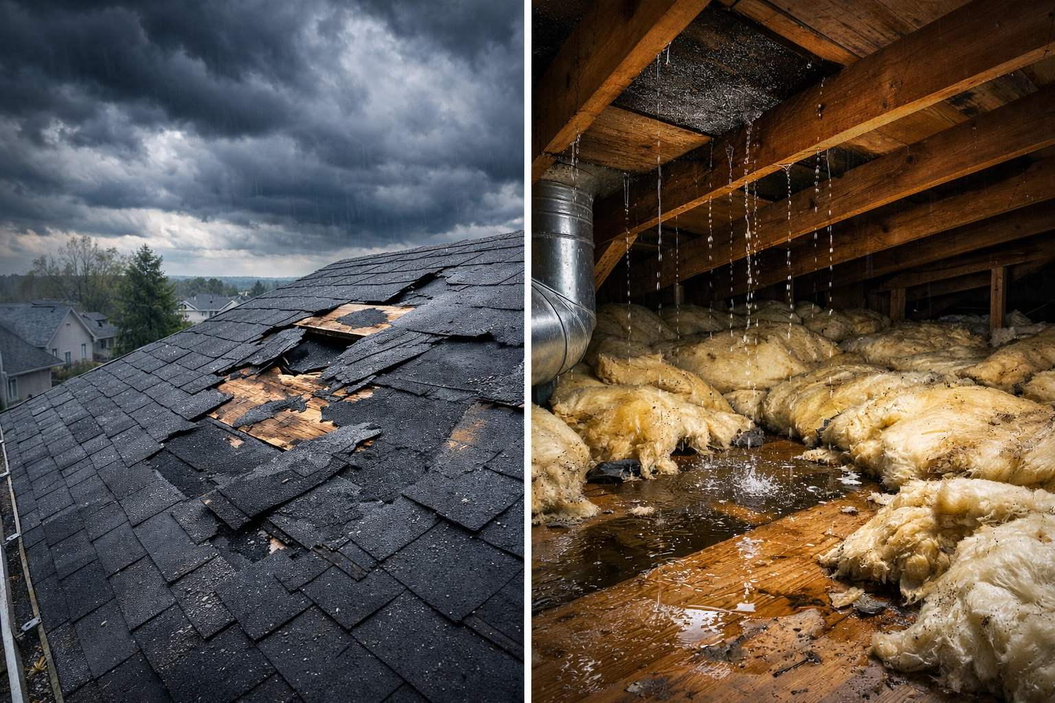 Storm damaged roof showing missing shingles and water intrusion in attic insulation