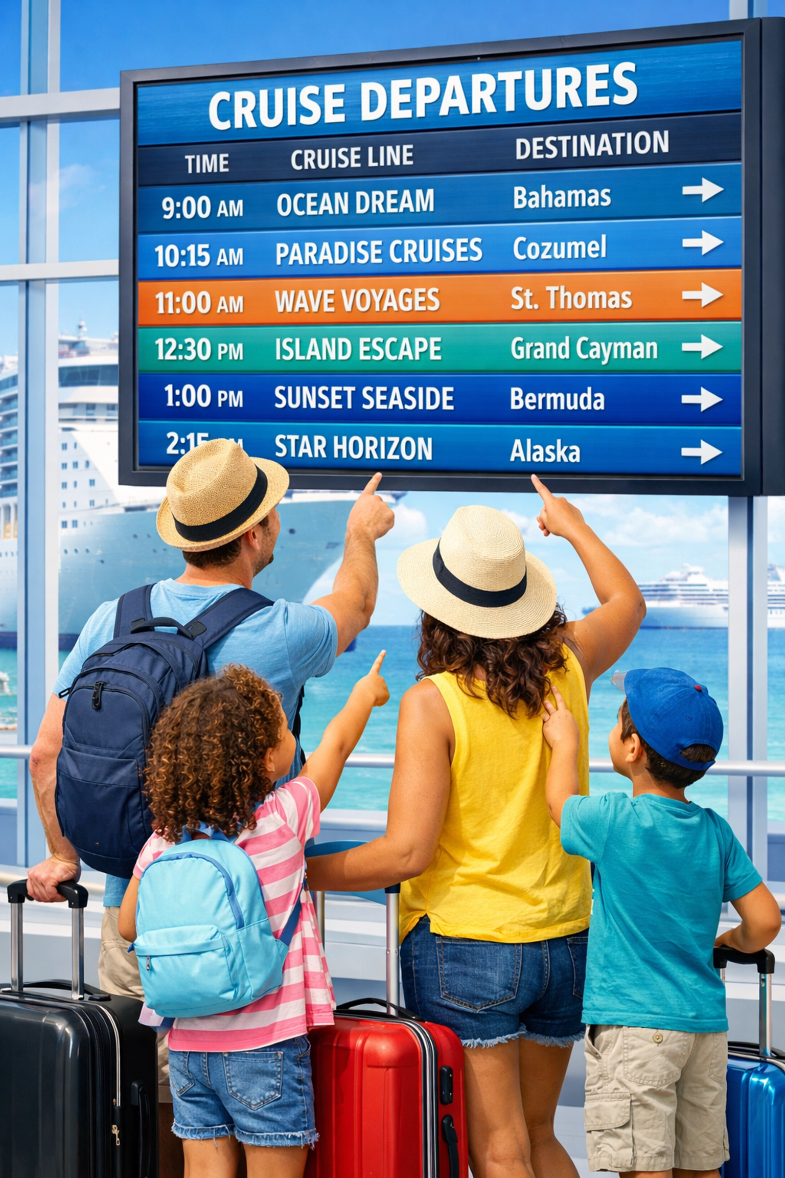 Family choosing cruise line at terminal departure board