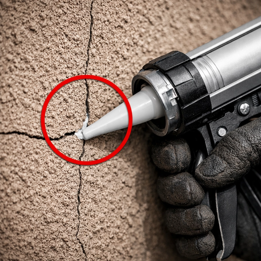 Expert technician sealing stucco foundation cracks for professional scorpion exclusion in Arizona.