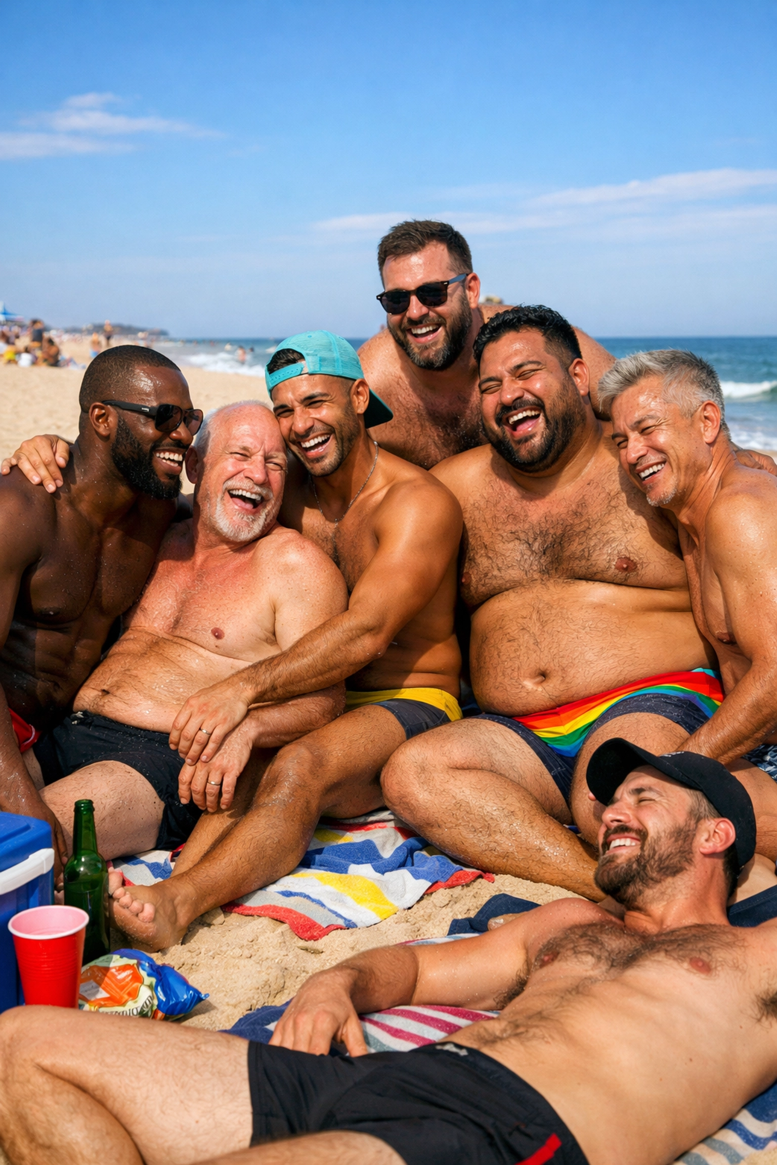 Diverse gay men celebrating body positivity on Fire Island beach