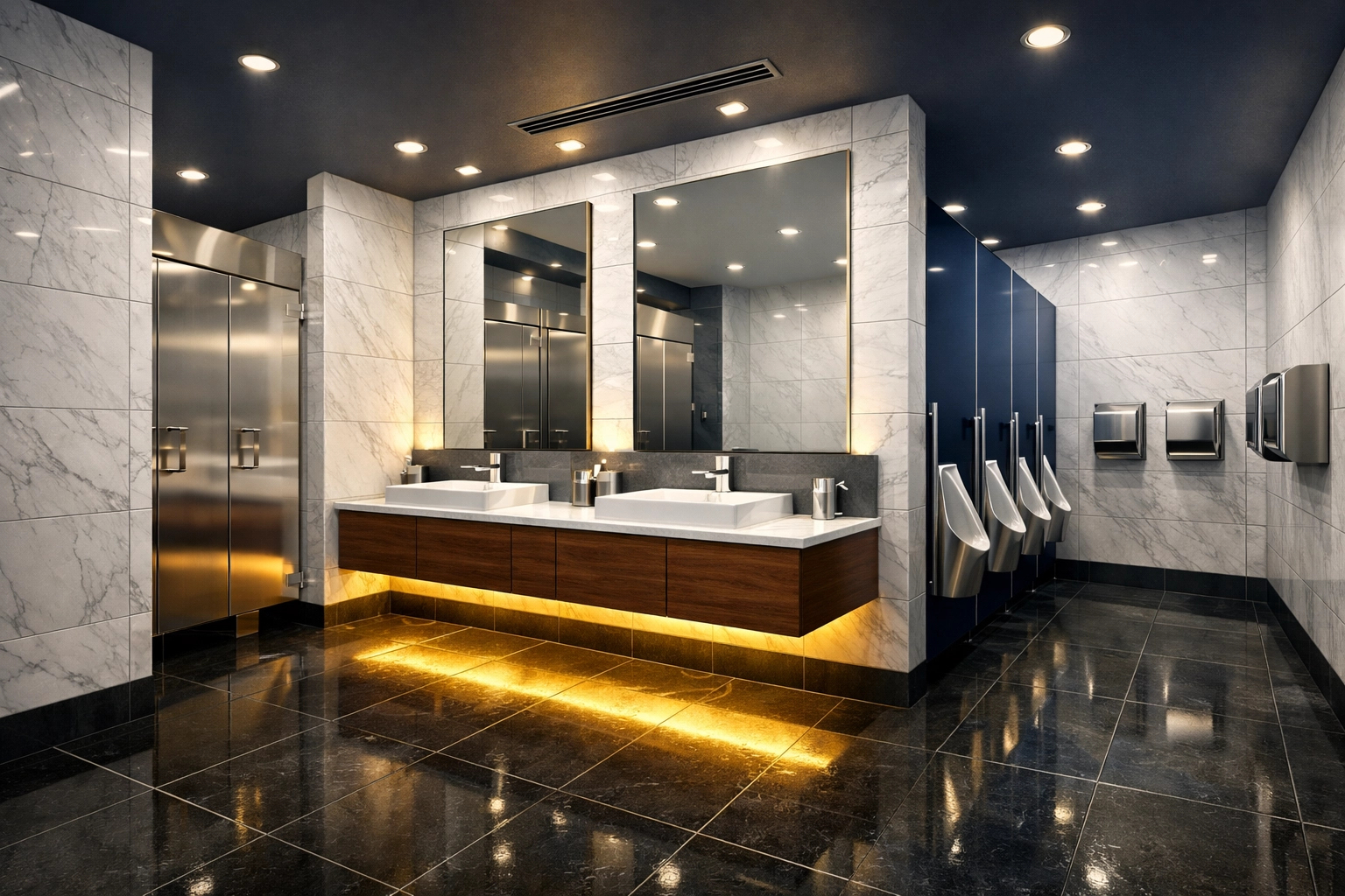 Sanitized luxury commercial restroom in Franklin with polished floors and marble walls.