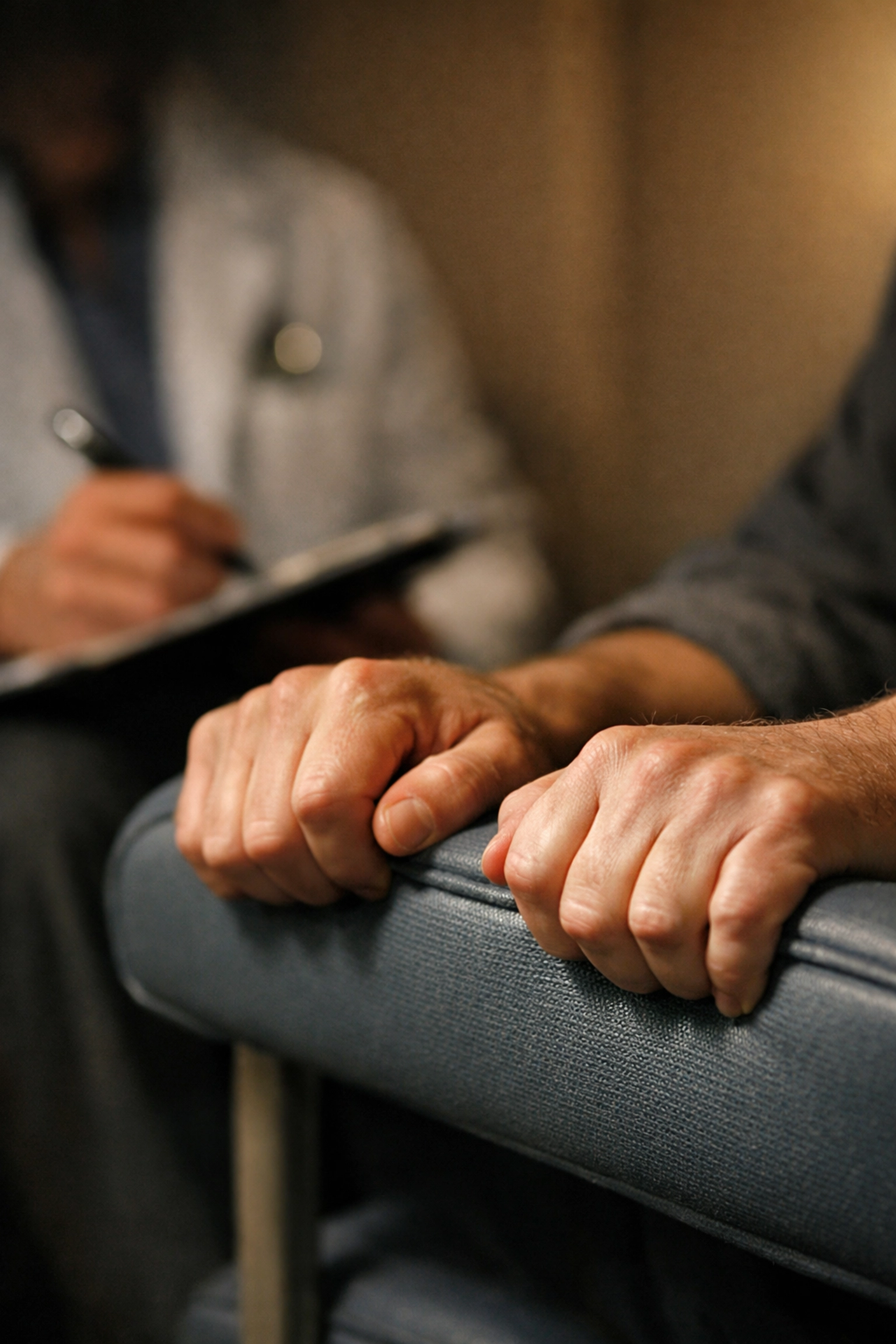 Patient's tense hands illustrating the vital non-verbal cues missed by audio-only ambient AI systems.