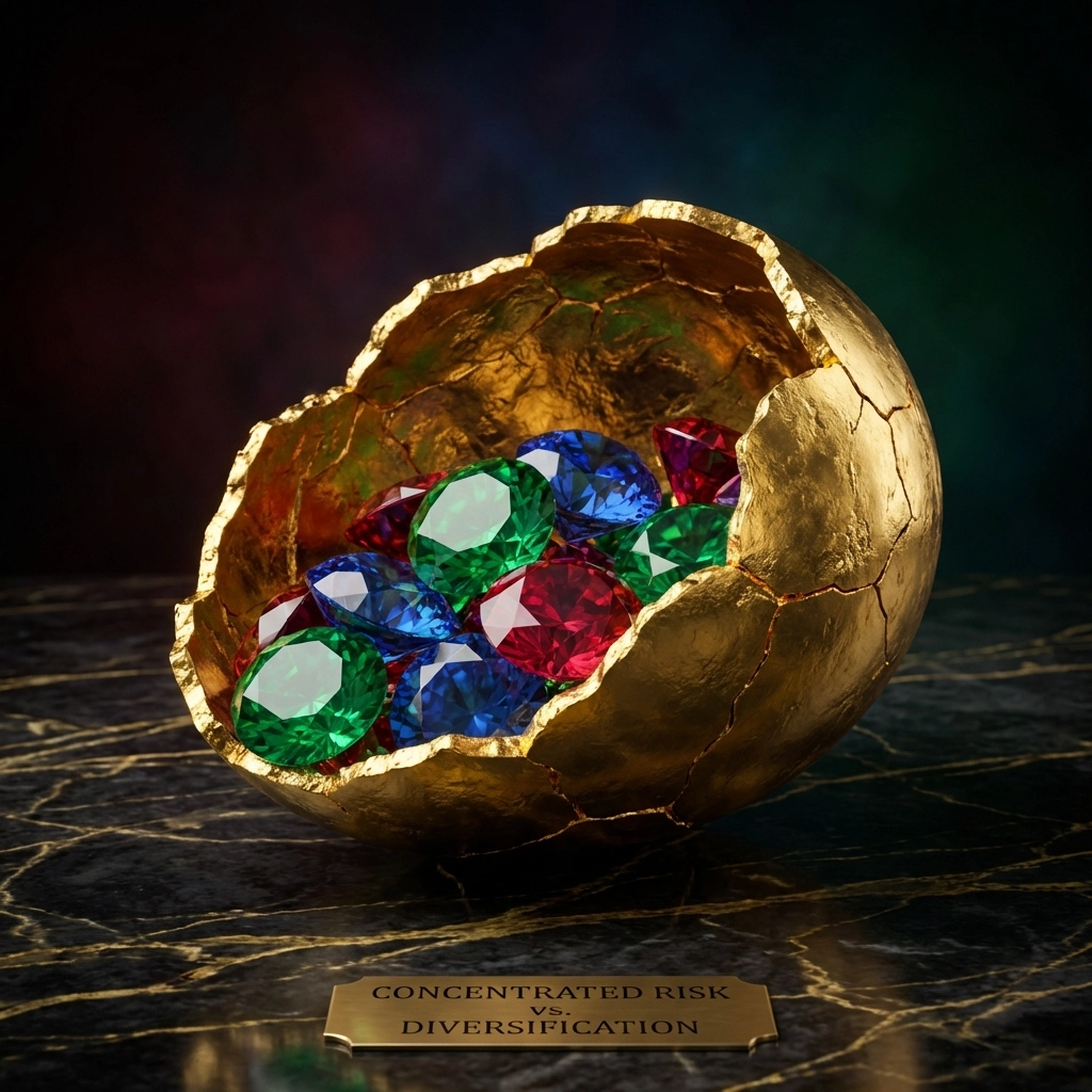Cracked golden egg revealing colorful gemstones illustrates risk and diversification in private equity.