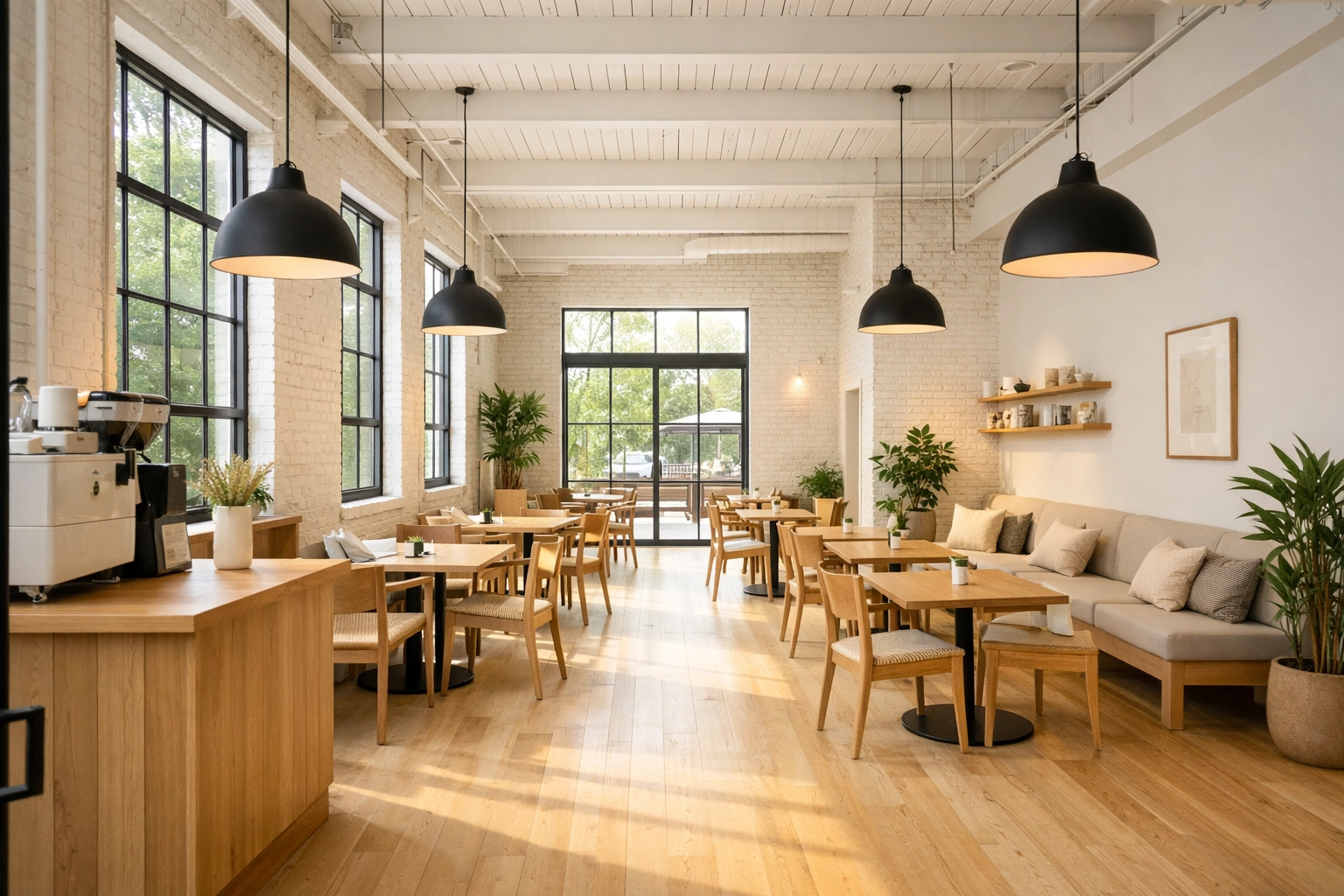 Modern Biddeford cafe interior with reliable power systems installed by professional electricians in Maine.