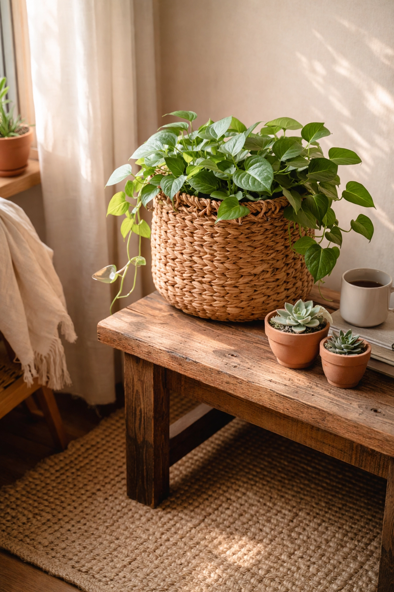 Cozy home decor scene with a rattan basket holding pothos plant, artisan wood table, and jute rug for a natural vibe