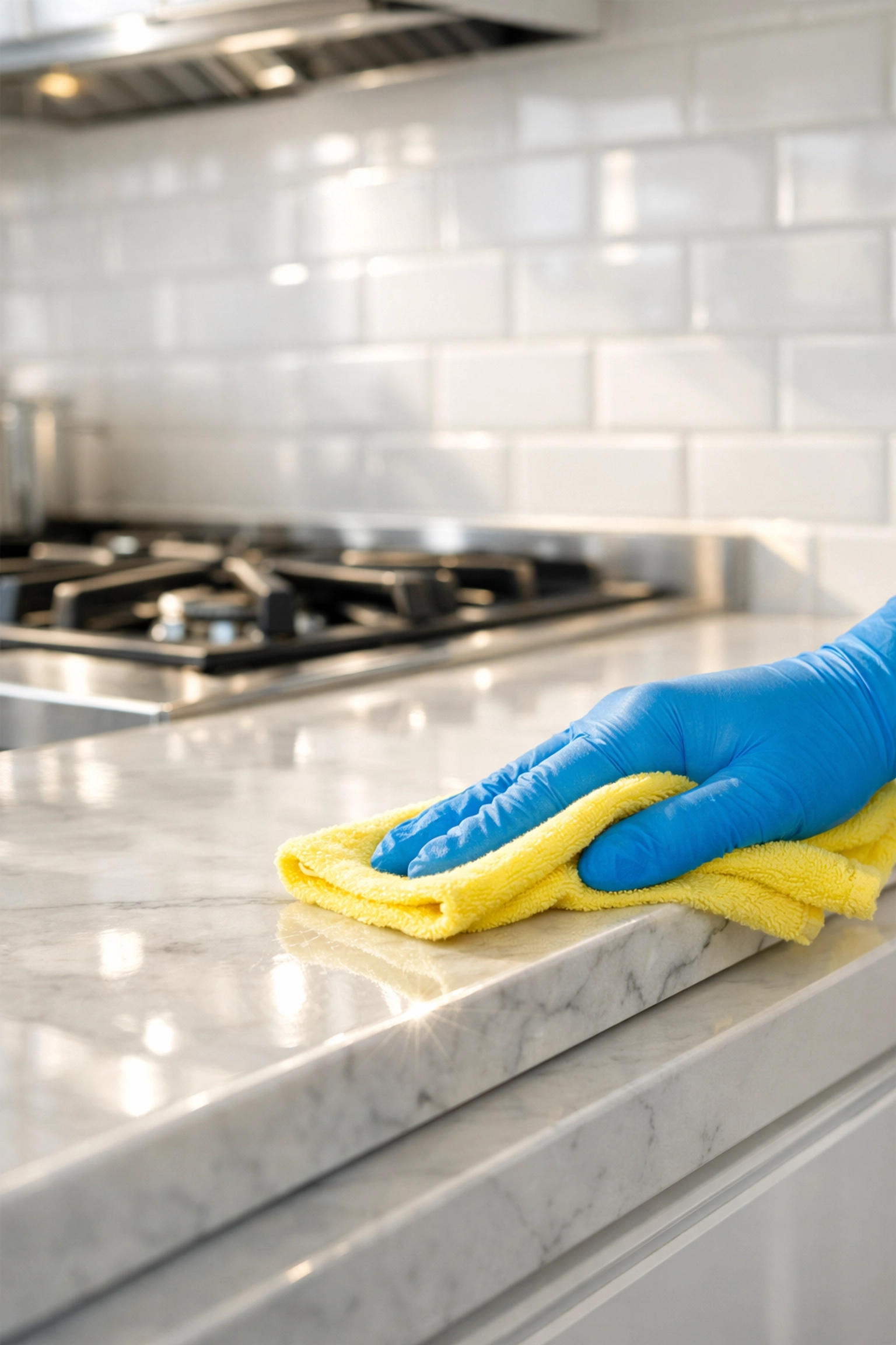 A professional cleaner performing a meticulous deep cleaning in Worcester on a marble kitchen countertop.