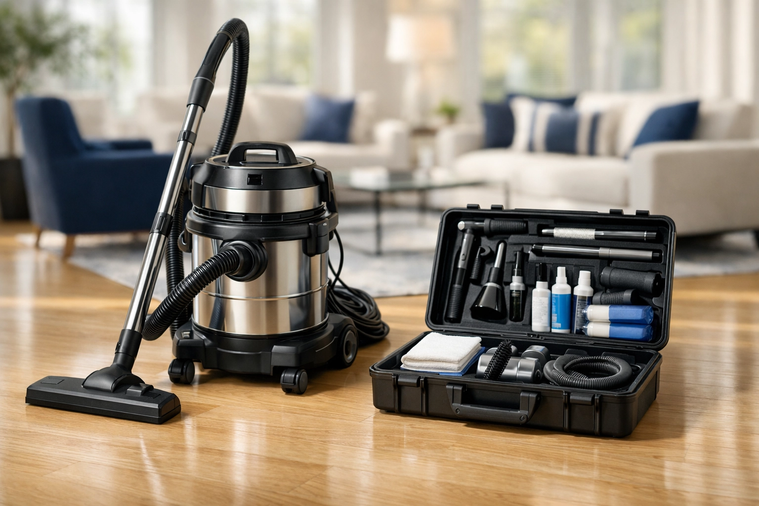 Professional HEPA-filtration vacuum on a clean floor, part of top-tier house cleaning services MA.